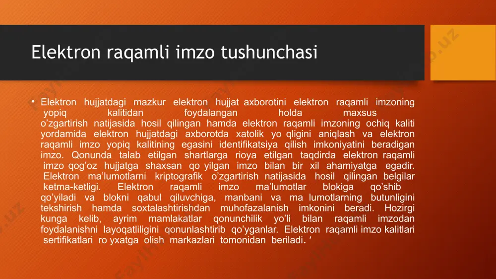ining 10% miqdorida to'lov summasi undiriladi. eri olish uchun quyidagi hujjatlarni taqdim etish lozim: -eri kaliti sertifikati va kalitini olish togrisidagi imzolangan hamda zarur hollarda muhr bilan tasdiqlangan ariza. - arizada ko’rsatilgan jismoniy shaxs yoki yuridik shaxs vakilining pasporti; -eri kalitlarini yaratish xizmati uchun to’lov to’langanligi to’g’risidagi kvitantsiya. buning uchun telefonda *880*0113*stir*to lov summasi# ussd-buyrug i teriladi. bunda: stir –bu soliq to lovchining identifikatsion raqami; to’lov summasi –eng kam oylik ish haqining 10% miqdorida (2016 yil 1 oktyabr ʻ holatiga ko ra eng kam oylik ish haqining 10 foizi 14 977 so mni tashkil etadi). ʻ ʻ click orqali to lov xizmati faqatgina jismoniy shaxslar uchun mavjud bo lib, u ʻ ʻ o zr dsi va uning hududiy boshqarmalari tomonidan beriladigan eri uchun ʻ amalga oshiriladi. to lov amalga oshirilgandan so ng yaqin o rtadagi dsiga tashrif buyuring. eri ʻ ʻ ʻ kalitlarini yozish uchun usb flesh-kartasini olib borishni unutmang. …