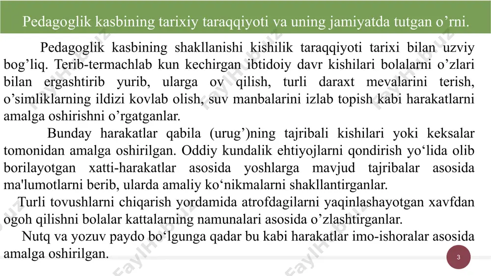 arda akademiya (sharqda madrasa)lar ko’rinishidagi maktablarda ma'naviy-axloqiy jihatdan yetuk, turli sohalar bo’yicha mukammal bilimga ega pedagoglarning faoliyat yuritishlariga alohida ahamiyat qaratilgan. chunonchi, muhammad tarag’ay ulug’bek tomonidan barpo etilgan madrasalarda o’z davrining taniqli olimlari – ali qushchi, taftazoniy, qozizoda rumiy, mavlono muhammad, g’iyosiddin jamshid koshiy hamda mansur koshiylar talabalarga ta'lim berganlar. 8 9 abu ali ibn sino o’z asarlarida o’qituvchi bolalarga ta'lim berishdek mas'uliyatli burchni bajarishi zarurligini uqtirar ekan, ularga faoliyatda muvafaqiyatga erishish garovi bo’lgan quyidagi tavsiyalarni beradi: 1) bolalar bilan muomalada bosiq, jiddiy bo’lish; 2)berilayotgan bilimning talabalar tomonidan o’zlashtirilishiga e'tiborni qaratish; 3) ta'limda turli shakl va metodlardan foydalanish; 4)talabaning xotirasi, bilimlarni egallash qobiliyati, shaxsiy xususiyatlarini bilishi; 5) fanga qiziqtira olishi; 6) berilayotgan bilimlarning eng muhimini ajratib bera olishi; 7) bilimlarni talabalarga tushunarli, uning yoshi, aqliy darajasiga mos ravishda berish; 8) har bir so’zning boalar hissiyotini uyg’otish darajasida bo’lishiga erishish. 9 10 alisher navoiy alisher navoiy o’z davrining ayrim maktabdorlari ega …
