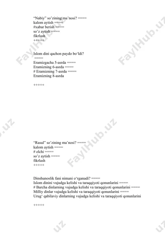 rg‘ib qilishi, marosimlarining soddalashtirilganligi +++++ xristianlik so‘zi qaysi istilohdan olingan? ==== #masih – siylangan so‘zining yunon tilidagi shaklidan ==== arab so‘zidagi bo‘ysunishdan ==== iso masih tug‘ilgan joy nazaret – nasroniyadan ==== ya’qub payg‘ambarning o‘g‘li yahudo nomidan +++++ nasroniylik qachon paydo bo‘ldi? ==== eramizgacha 2 asrda ==== #eramizning 1 asrida ==== eramizgacha 4 asrda ==== eramizning 7 asrida +++++ katolitsizmda iso masixning yerdagi noibi deb kim xisoblanadi? ==== vatikan ==== cherkov ==== #rim papasi ==== kardinallar +++++ xristianlikning muqaddas kitobi qaysi? ==== veda ==== tavrot ==== #bibliya ==== zabur +++++ xristianlikning asosiy oqimlari qaysilar? ==== #katolitsizm, pravoslavie, protestantizm ==== baptizm, pravoslavie, fetishizm ==== shialar, pravoslavie, katolitsizm ==== iudaizm, sintoizm, shamanizm +++++ rim papasi xristianlikning qaysi oqimining boshlig‘i sanaladi? ==== #katolik ==== pravoslav ==== protestant. ==== baptizm +++++ muhammad payg‘ambar vafot etgan shahar? ==== makka ==== #madina ==== quddus ==== falsatin +++++ quyidagilardan qaysilari mutasavvuf hisoblanadi? ==== imom buxoriy, imom at-termiziy ==== …