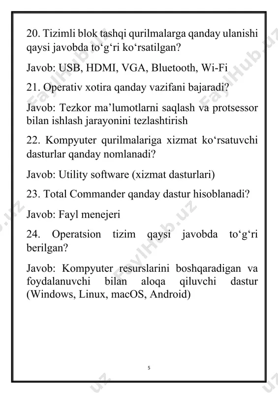 siy bo‘g‘inidir hamda u ... muhofazasidadir? nuqtalar o‘rniga tegishli so‘zlarni qo‘ying. javob: davlat muhofazasidadir. o‘zbekiston respublikasining amaldagi prezidenti o‘z vazifalarini bajara olmaydigan hollarda uning vazifa va vakolatlari kimning zimmasiga yuklatiladi? javob: o‘zbekiston respublikasi bosh vaziri. o‘zbekiston respublikasi konstitutsiyasiga ko‘ra, respublikamizda eng oliy qadriyat nima? javob: inson va uning huquqlari. ota va onalar o‘z farzandlarini boqish va tarbiyalash uchun belgilangan muddatni aniqlang. javob: ota-onalar farzandlarini boqish va tarbiyalashda o‘sha farzandlar o‘rta maktabni tugatguniga qadar mas'uldirlar. 2 image5.png image6.png image7.png image8.png image9.png image10.png image11.png image12.png image13.png image14.png image15.png image16.png image17.png image18.png image1.png image2.png image3.png image4.png
