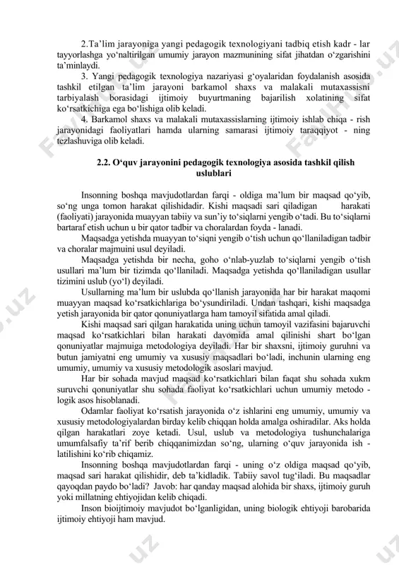 agi faol ishtirokini yuzaga keltirish uchun muayyan shart sharoitlarni yaratish, ularning hoxish-istaklari bilan о‘rtoq -lashish, shaxsiy tashabbuslarni qо‘llab quvvatlash, ularda mustaqil fikr yuritish layoqatini tarbiyalash, bu borada muayyan kо‘nikma xosil qilish, xosil qilingan kо‘nikmaning faoliyat malakasiga aylanishga rag‘bat bildirish, о‘quv (manb’alari va kо‘rsatmali vositalar) mazmunida yuqorida qayd etilgan g‘oyalarning о‘rin olishiga erishish, ta’lim oluvchilarda bilim olishga nisbatan ichki ehtiyoj, qiziqish, rag‘batni yuzaga keltirish, shuningdek, ongli munosabatni qaror toptirish va hokazolar asosida yaratiladi. yangicha mazmun kasb etgan kadrlar tayyorlash jarayoni barkamol shaxs va malakali mutaxassisni tayyorlash borasidagi ijtimoiy buyurtmaning bajarilish darajasi va sifat kо‘rsatkichining yuqori bо‘lishini kafolatlaydi. bozor iqtisodiyoti munosabatlari ishlab chiqarish mahsulotlariga nisbatan aholi tomonidan bildirilayotgan talab va taklif asosida tartibga solinar ekan, muayyan yо‘nalish bо‘yicha malakaviy (kasbiy) ma’lumotiga ega mutaxassisning ijtimoiy raqobatga bardoshligi muhim ahamiyatga egadir. halq xо‘jaligining raqobatbardosh mutaxassislari bilan ta’minlanishi uzluksiz ta’lim tizimida tashkil etilgan pedagogik faoliyatining samarali, muvaffaqiyatli ekanligini kо‘rsatuvchi dalil hisoblanadi. [9] ishlab chiqarish sohalarining …