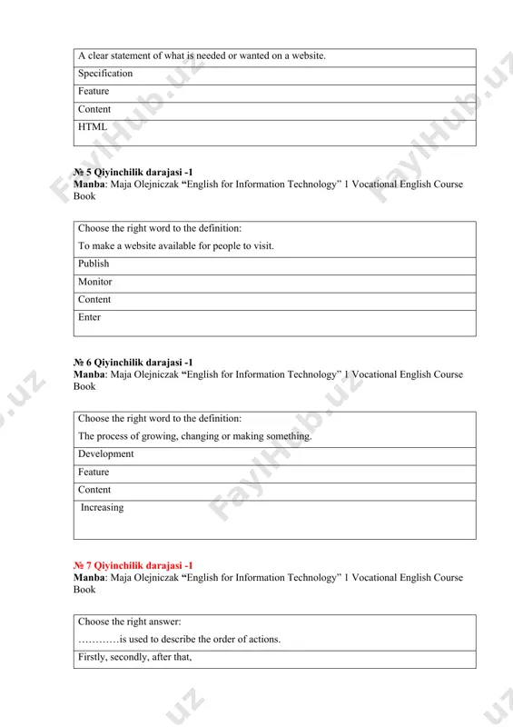 iyinchilik darajasi -1 manba: maja olejniczak “english for information technology” 1 vocational english course book choose the right answer: the clerk is speaking to the women. he is talking to ______ . them they him he № 10 qiyinchilik darajasi -1 manba: maja olejniczak “english for information technology” 1 vocational english course book choose the right answer: i haven’t got the keys. father has got ______ . them him her it № 11 qiyinchilik darajasi -1 manba: maja olejniczak “english for information technology” 1 vocational english course book choose the right answer: can you see those boys and ______ father? their they them him № 12 qiyinchilik darajasi -1 manba: maja olejniczak “english for information technology” 1 vocational english course book choose the right answer: today the weather _____very hot. is was were _ № 13 qiyinchilik darajasi -1 manba: maja olejniczak “english for information technology” 1 vocational english course …