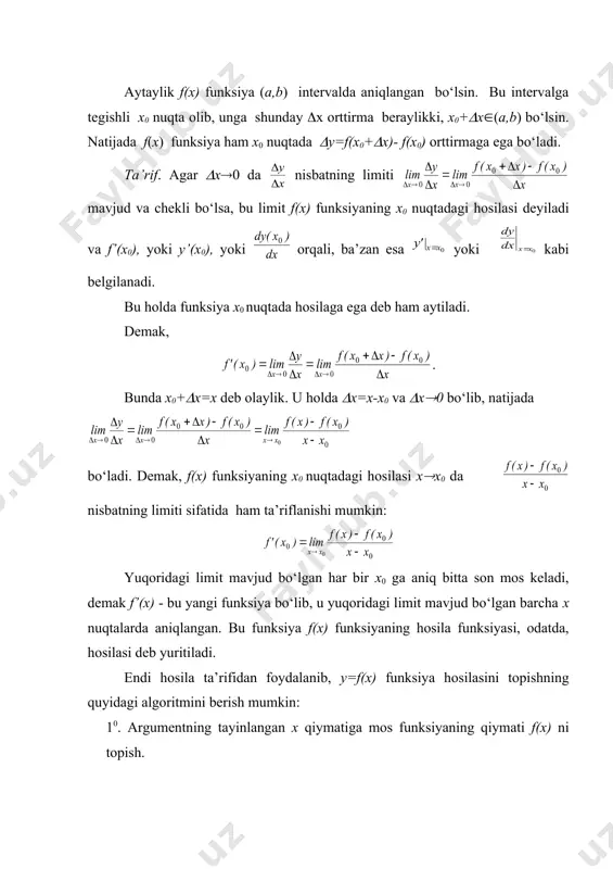 talarda aniqlangan. bu funksiya f(x) funksiyaning hosila funksiyasi, odatda, hosilasi deb yuritiladi. endi hosila ta’rifidan foydalanib, y=f(x) funksiya hosilasini topishning quyidagi algoritmini berish mumkin: 10. argumentning tayinlangan x qiymatiga mos funksiyaning qiymati f(x) ni topish. 20. argument x ga f(x) funksiyaning aniqlanish sohasidan chiqib ketmaydigan (x orttirma berib f(x+(x) ni topish. 30. funksiyaning (f(x)=f(x+(x)-f(x) orttirmasini hisoblash. 40. nisbatni tuzish. 50. nisbatning (x(0 dagi limitini hisoblash. misol. y=kx+b funksiyaning hosilasini toping. yechish. hosila topish algoritmidan foydalanamiz. 10. argument x ni tayinlab, funksiya qiymatini hisoblaymiz: f(x)=kx+b. 20. argumentga (x orttirma beramiz, u holda f(x+(x)=k(x+(x)+b=kx+k(x+b. 30. funksiya orttirmasi (f(x)=f(x+(x)-f(x)=(kx+k(x+b)-( kx+b)=k(x. 40. = . 50. = k=k. demak, (kx+b)’=k ekan. xususan, y=b o‘zgarmas funksiya (bu holda k=0) uchun (b)’=0; y=x (k=1) funksiya uchun x’=1 bo‘ladi. 2. y= funksiyaning hosilasini toping. yechish. 10. f(x)= . 20. f(x+(x)= . bu yerda umumiylikni cheklamagan holda x>0 va |(x|<x deb hisoblaymiz. 30. (f(x)=f(x+(x)-f(x)= - = . 40. = …