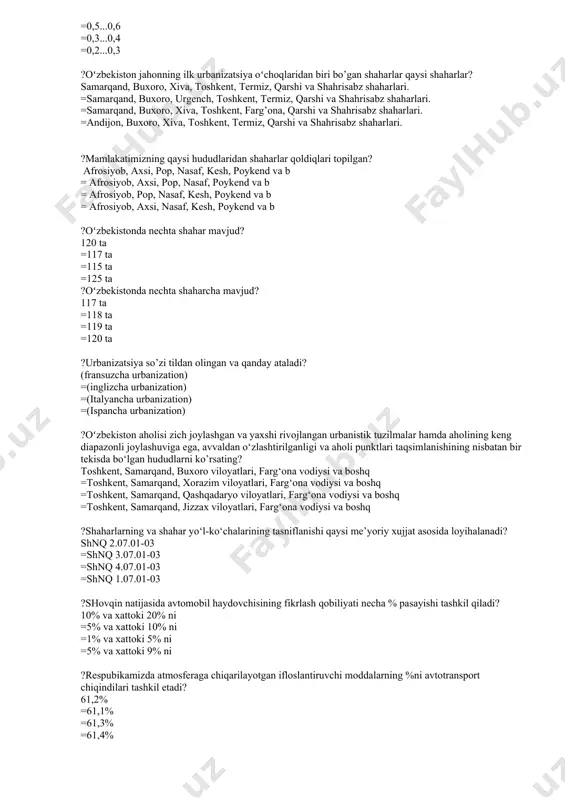lanishi qaysi me’yoriy xujjat asosida loyihalanadi? shnq 2.07.01-03 =shnq 3.07.01-03 =shnq 4.07.01-03 =shnq 1.07.01-03 ?shovqin natijasida avtomobil haydovchisining fikrlash qobiliyati necha % pasayishi tashkil qiladi? 10% va xattoki 20% ni =5% va xattoki 10% ni =1% va xattoki 5% ni =5% va xattoki 9% ni ?respubikamizda atmosferaga chiqarilayotgan ifloslantiruvchi moddalarning %ni avtotransport chiqindilari tashkil etadi? 61,2% =61,1% =61,3% =61,4% ?ko‘cha-yo‘llar zichligi deb ……. yuzaga ga to‘g‘ri keluvchi yo‘llar uzunligiga aytiladi. 1 kv.km =2 kv.km =3 kv.km =4 kv.km ?yo‘l harakatini tashkil etish deb nimaga aytiladi? transport vositalari oqimini maksimal darajada yo‘lning geometrik o‘lcham imkoniyatlaridan foydalanib, uning har xil bo‘laklarida xavfsiz harakat tartibini va yuqori o‘tkazish qobiliyatini ta’minlashga qaratilgan tadbirlar tizimidan iborat. =transport vositalari oqimini maksimal darajada yo‘lning geometrik o‘lcham imkoniyatlaridan foydalanishdan iborat. =transport vositalari oqimini maksimal imkoniyatlaridan foydalanib, uning har xil bo‘laklarida xavfsiz harakat tartibini va yuqori o‘tkazish qobiliyatini ta’minlashga qaratilgan tadbirlar tizimidan iborat. =transport vositalari oqimini maksimal darajada yo‘lning …