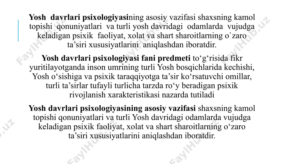 obyektiv va subyektiv jihatdan munosibligi bilish jarayonlari bilan mutanosibligi tushuniladi. z kichik maktab yoshi davri hususiyatlari faol intiluvchanlik dilkashlik ishonuvchanlik qiziquvchanlik qat’iylik itoatkorlik kuyinchaklik kuchli xotira xayolparastlik taqlidchilik o’smir o’zini asta-sekin katta odam deb his qila boshlaydi, lekin ko’p odat va xususiyatlari bolalarcha bo’lib qoladi. bu hissiyot kattalik hissi deb ataladi va o’smirlikdagi asosiy psixologik yangilikdir. bu his o’smirda o’ziga, atrof muhitga, odamlarga nisbatan yangi hissiy poziciyani yuzaga keltiradi. u bolalar xulq-atvorini kattalar xulqi va qadriyatlariga qayta orientaciya qila boshlaydi. o’smir o’z huquqlari doirasini kengaytiradi, kattalarni esa cheklashni xohlaydi. jismoniy taraqqiyot. ilk o`spirinlik yoshi davrida 14-15 yoshdan 18 yoshgacha bo`lgan o`quvchilar mansubdir. ularda bo`yning o`sishi o`smirlik davriga qaraganda sekinlashadi. qizlarda 16-17 yoshda, o`g`il bolalarda 17-18 yoshda bo`yning o`sishi to`xtaydi. o`spirnilarda muskul kuchining o`sishi katta odamnikiga yaqinlashadi. sportning ko`pgina turlarida o`spirinik davri yuksak natijalarga erishish davridir. o`spirin 16 yoshda pasport oladi. 18 yoshdan saylash, saylanish, oila qurish huquqiga ega bo`ladi. o`spirinlik …