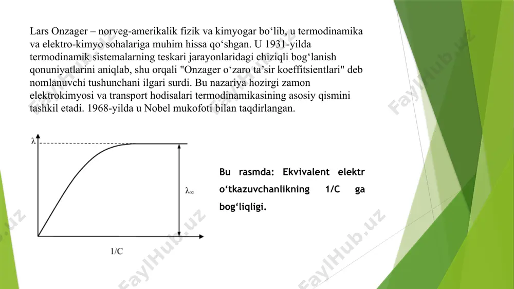 ini egallagan na+ ionlari va ayniqsa oh- ionlari hisobiga elektr o‘tkazuvchanlik yana ortib boradi. kislotalarni kuchli asos bilan konduktometrik titrlashda elektr o‘tkazuvchanlikning o‘zgarishi: a) kuchli kislotaning eritmasi; b) kuchsiz kislotaning eritmasi; v) kuchli va kuchsiz kislotalar aralashmasi; v- titrlash uchun ketgan ishqorning hajmi. eritmaning elektr o‘tkazuvchanligi kamayib boradi . lekin, oh- ionlarining elektr o‘tkazuvchanligi н+ ion-larining elektr o‘tkazuvchanligidan kichik (λoн-  λн+) bo‘lganligi sababli, ekvivalent nuqtadan keyingi elektr o‘tkazuvchanlikning ortib borishi, uning qismidagi elektr o‘tkazuvchanlikning kamayib borishidan sekinroq bo‘ladi (вс chiziq aв chiziqdan yotiqroq ko‘rinishga egadir). kuchsiz kislotani kuchli asos bilan titrlaganda, kam dissosilangan kuchsiz kislotaning o‘rniga uning kuchli dissosilanuvchi tuzi hosil bo‘lishi hisobiga elektr o‘tkazuvchanlik ortib boradi. ekvivalent nuqtadan so‘ng elektr o‘tkazuvchanlik gidroksil ionlarining paydo bo‘lishi hisobiga tezroq ortib ketadi va вс chiziq tikkaroq ko‘rinishga ega bo‘ladi. kuchli va kuchsiz kislotalarning aralashmasini titrlaganda, birinchi navbatda, kuchli kislota ishqor bilan reaksiyaga kirishadi va kuchli kislota to‘la neytrallanib bo‘lgandan so‘ng, kuchsiz …
