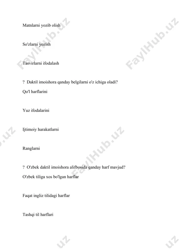 lan shug`ullanadi? surdopedagogika surdopsixologiya tiflopedagogika, oligofrenopsixologiya ?defektologiya fanining qaysi yo’nalishi ko’r bolalar talimi bilan shug`ullanadi? tiflopedagogika, surdopsixologiya surdopedagogika oligofrenopsixologiya ?psihik yoki jismoniy imkoniyati cheklangan bolalar bilan shug`ullanuvchi mutaxasis? defektolog logoped surdolog psixolog ?o`rta osiyoda ilk bor qaysi davlatda defektologiya yo`nalishi ochildi? 1967 o`zbekistonda 1968 qozoqistonda 1984 qirg`izistonda 1974tojikistonda ?kompensasiya bu? bir analizatorning faoliyatini ikkinchisiga yuklatish nuqsonlarni tuzatish, yumshatish va bartaraf etish bolalarni ijtiomiy adaptasiyasini amalga oshirish ijtimoiy reabilitasiya, yumshatish va bartaraf etish ?fonosteniya bu? ovozning charchashi nafasning charchashi tilning charchashi ovozning yo`qolishi ?maxsus pedagogikaning asosiy maqsadi bu? bolalarga bilim berish, korrektsiontarbiyaviy ishlarni amalaga oshirish, mexnat faoliyatiga, ijtimoiy xayotga tayyorlashdan iborat. rivojlanishning umumiy ta’lim darajasini oshirish uchun maxsus shartsharoitlar yaratishdan iboratdir bolalarga bilim berish, ta’limtarbiya jarayoniga yangicha yondashishlarini singdirishdir ta’limtarbiya jarayoniga yangicha yondashishlarini singdirishdir ?eshitish imkoniyati cheklanishining eshituv qoldig`iga ko`ra necha turga ajratamiz? 2 turga kar va zaif 2 tugma,orttirilgan 1 nasliy 3 tug`ma, nasliy, orttirilgan ?ko`z yosh kanali ko`zning qanday …