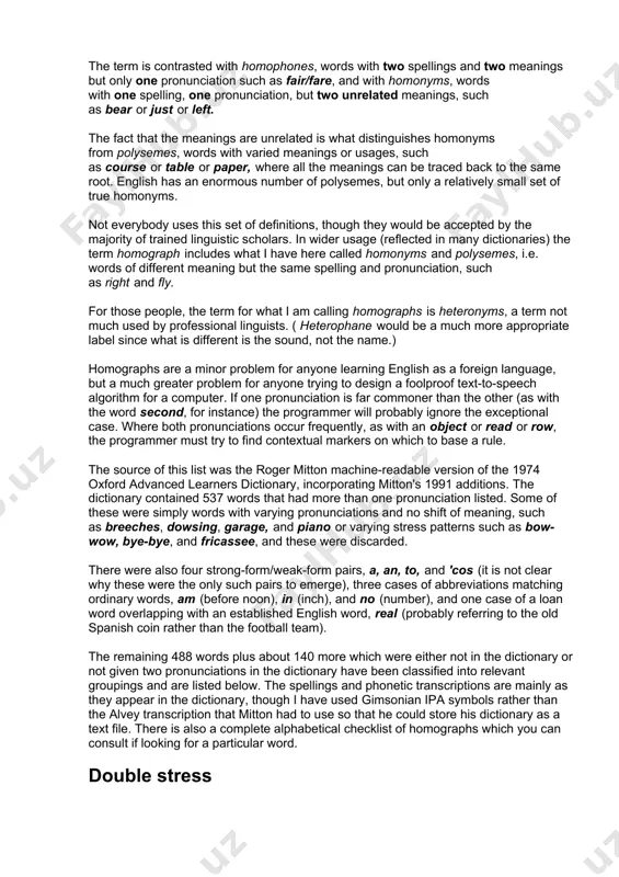 t of nouns (or adjectives) with front-stress against verbs with end-stress with 295 words altogether. one suspects that in a good many cases the distinction is unnecessary for intelligibility; the set of -port words ( export, import, transport ) for instance are often heard with front stress even when being used as verbs, and i have heard on air the word increase stressed both ways as a noun and both ways as a verb. similarly, combat is always front-stressed as a noun but may have either stress pattern when used as a verb. all these words are more likely to have stress on the second syllable when an inflection adds the third syllable, thus trans'porting , in'creasing or com'bating . in thirty-five cases (listed in the table below) there is a large difference in meaning and use between the two spoken forms while in other cases the difference is more …