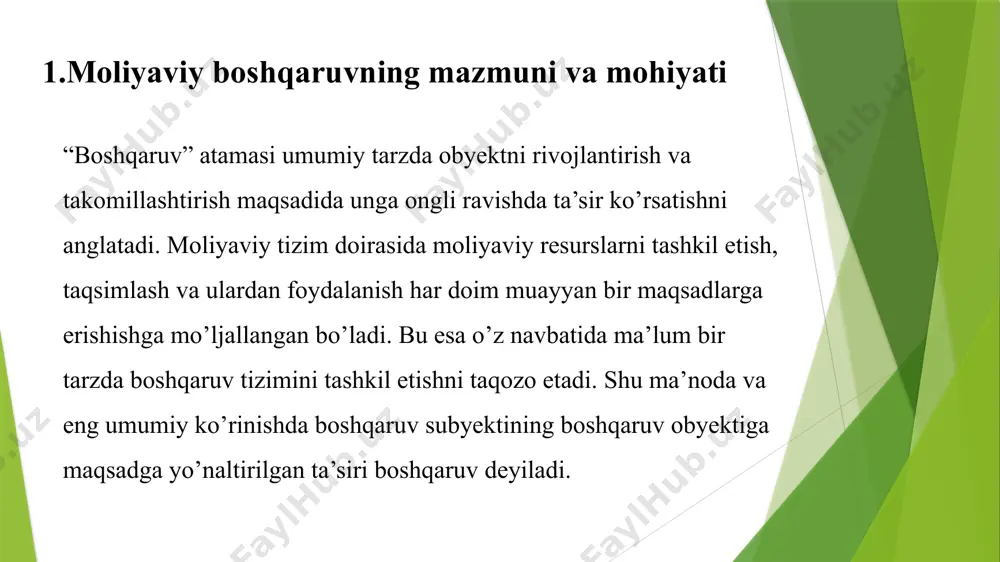 umladan, g’aznachilik tizimi organlari; markaziy bank; davlat soliq qo’mitasi; davlat bojxona qo’mitasi; qimmatli qog’ozlar bo’yicha komissiya; byudjetdan tashqari davlat maxsus fondlarining ijroiya direktsiyalari; moliyaviy boshqaruvning markaziy organi moliya vazirligi va uning joylardagi organlari hisoblanadi. u mamlakat miqyosida yagona moliya, byudjet, soliq va valyuta siyosatining amalga oshirilishini ta’minlaydi. moliya vazirligining asosiy vazifalari quyidagilardan iborat: yagona davlat moliyaviy siyosatni ishlab chiqish va uni amalga oshirish; davlat byudjetining loyihasini tuzish va uning ijrosini ta’minlash; byudjet mablag’lari va davlat maxsus fondlari mablag’larining oqilona va maqsadli ishlatilishi ustidan moliyaviy nazoratni amalga oshirish; davlat moliyasining barqarorligini ta’minlash va moliyaviy bozorni rivojlantirishga oid chora-tadbirlarni ko’rish; mamlakatning byudjet tizimini takomillashtirish, bu borada tegishli takliflarni ishlab chiqish va ularni hayotga tatbiq etish choralarini ko’rish; mamlakat ijtimoiy-iqtisodiy taraqqiyotining ustuvor yo’nalishlarini ta’minlash uchun moliyaviy resurslarni to’plash; davlat byudjeti va jamlanma byudjetning ijrosi haqida hisobotni tayyorlash; davlat tomonidan qarzlarni olish dasturini ishlab chiqish va davlatning ichki va tashqi qarzlarini boshqarish; uzoq, o’rta …