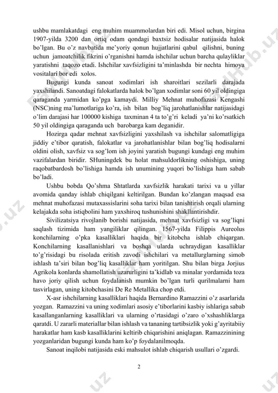 arni hayotini muhofaza qilish. hayot faoliyati xavfsizligining maqsad va tarkibi odamning hayot faoliyati davrida eng qulay sharoitlarini yaratib berish va noqulay ta’sir etuvchi omillarni me’yoriy ruxsat etilgan darajada ushlab turishni ta’minlashdir.amerika qo’shma shtatlarida mehnat muhofazasi harakati erta 1900 - yildan buyon muttasil ravishda ishlab chiqilmoqda. bu muddat ichida, sanoatdagi baxtsiz hodisalar ushbu mamlakatdagi eng muhim muammolardan biri edi. misol uchun, birgina 1907-yilda 3200 dan ortiq odam qondagi baxtsiz hodisalar natijasida halok bo’lgan. bu o’z navbatida me’yoriy qonun hujjatlarini qabul qilishni, buning uchun jamoatchilik fikrini o’rganishni hamda ishchilar uchun barcha qulayliklar yaratishni taqozo etadi. ishchilar xavfsizligini ta’minlashda bir nechta himoya vositalari bor edi xolos. bugungi kunda sanoat xodimlari ish sharoitlari sezilarli darajada yaxshilandi. sanoatdagi falokatlarda halok bo’lgan xodimlar soni 60 yil oldingiga qaraganda yarmidan ko’pga kamaydi. milliy mehnat muhofazasi kengashi (nsc)ning ma’lumotlariga ko’ra, ish bilan bog’liq jarohatlanishlar natijasidagi o’lim darajasi har 100000 kishiga taxminan 4 ta to’g’ri keladi ya’ni ko’rsatkich 50 …