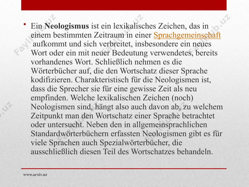 her wörter werden aber nur ein einziges mal verwendet. ihr zweck ist meist mit der einen benennungssituation erfüllt. diese gelegenheitsbildungen (okkasionalismen) werden weder als neologismen betrachtet, noch lexikographisch erfasst. im deutschen, das die bildung komplexer komposita erlaubt, entstehen täglich solche momentanen neuschöpfungen. gelegentlich belebt erneuter gebrauch lange zeit ungenutzte wörter wieder, die nicht mehr lexikographisch erfasst werden (archaismen), auch sie sind keine neologismen. wörter, die aus einer anderen sprache entlehnt sind (beispielsweise downloaden aus dem englischen) und in den allgemeinen sprachgebrauch übergehen, werden oft als neologismen gesehen und entsprechend lexikographisch erfasst; im engeren sinne sind sie aber keine neuschöpfungen, somit keine neologismen. www.arxiv.uz die lexik einer lebenden sprache ist ein komplexes gebilde aus allgemeinsprachlichen, fachsprachlichen und gruppensprachlichen wörtern. allgemeinsprachliche wörterbücher erfassen nur den kernbereich der lexik, den die alltagssprache verwendet. gelegentlich kommt es vor, dass bereits lang verwendete wörter einer fachsprache in die alltagssprache vordringen. dies gilt zum beispiel für …