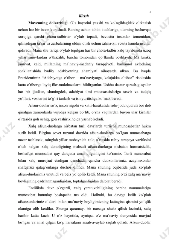 n, afsun-duolar bilan filologiya, uning folklorshunoslik sohasi ham baqamti shug`ullanishi zarur. mana shu hayotiy-ilmiy talab bizni xalq afsun-duolarning janr xususiyatlari, ularning mavzu jihatidan tasnifi va badiiyati masalalarini о`rganishga da`vat etadiki, bularning barchasi bitiruv malakaviy ishimizning dolzarbligi darajasini belgilashga imkon beradi. bitiruv malakaviy ishning maqsad va vazifalari borasida shuni aytish о`rinliki, mazkur tadqiqotdan kо`zlangan maqsad bitta. u ham bо`lsa xalq afsun-duolarining mohiyati nimalardan iborat va folbklor janri sifatida ularning badiiy xususiyatlari nimalarda zohir bо`lishini kо`rsatib berishdan iborat. ushbu maqsadga erishish uchun biz о`z oldimizga quyidagi vazifalarni qо`ydik: -xalq afsun-duolarining folklor janrlari sifatidagi о`ziga xos xususiyatlarini aniqlash; -о`zbek xalq afsun-duolarini mavzu va vazifadoshlik nuqtai nazaridan tasnif etish, afsun-duolarining har bir kо`rinishiga oid xususiyatlarni tavsif etish; -о`zbek xalq afsun-duolarining shakliy tuzilishi, obrazlar silsilasi va badiiy-tasviriy, badiiy-ifoda vositalarini yoritish. mavzuning o`rganilishi. ma`lumki, har qanday tadqiqot о`z-о`zidan vujudga kelmaydi. xuddi shu ma`noda aytganda, har bir tadqiqot kollektiv mehnat mahsuli hisoblanadi. chunki tadqiqotga jalb etilgan faktik …