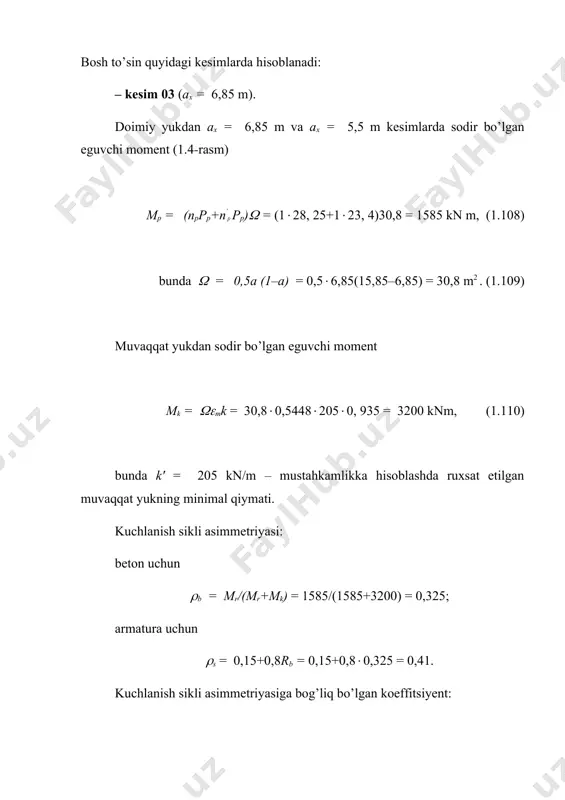 minimal qiymati. kuchlanish sikli asimmetriyasi: beton uchun (b = mr/(mr+mk) = 1585/(1585+3200) = 0,325; armatura uchun (s = 0,15+0,8rb = 0,15+0,8(0,325 = 0,41. kuchlanish sikli asimmetriyasiga bog’liq bo’lgan koeffitsiyent: (b = 1,113; (sp = 0,875. hisobiy qarshiliklar: rbf = 0,6(1,113(14 = 9,35 mpa; rsf = 0,875 ( 240 = 210 mpa. siqilgan zona balandligi beton chidamliligi bo’yicha ruxsat etilgan muvaqqat yuk [6. b. 4.11] (1.10-rasm) = = 153,5 kn/m. (1.112) beton chidamliligi bo’yicha ax = 6,85 m kesimda bosh to’sin sinfi k = = 6,05. armaturaning chidamliligi bo’yicha ruxsat etilgan muvaqqat yuk [6,b. 4.11] (1.10-rasm) = 155,5 kn/m. (1.113) armatura chidamliligi bo’yicha ax = 6,85 m kesimda bosh to’sin sinfi k = = 6,23. – kesim cz (a = 5,5m) doimiy yukdan sodir bo’lgan eguvchi moment mh = (28,25+23,4)28,5 = 1470 knm, bunda ( = 0,5(5,5(15,85–5,5) = 28,5 m2 . ( = 0,654 bo’lganda, muvaqqat yuk xissasi (1.52) formula bo’yicha …