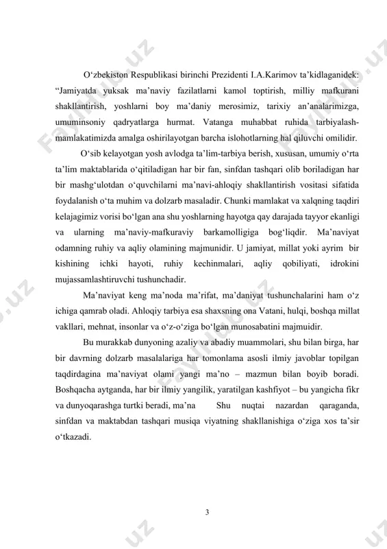 shtiruvchi tushunchadir. ma’naviyat keng ma’noda ma’rifat, ma’daniyat tushunchalarini ham o‘z ichiga qamrab oladi. ahloqiy tarbiya esa shaxsning ona vatani, hulqi, boshqa millat vakllari, mehnat, insonlar va o‘z-o‘ziga bo‘lgan munosabatini majmuidir. bu murakkab dunyoning azaliy va abadiy muammolari, shu bilan birga, har bir davrning dolzarb masalalariga har tomonlama asosli ilmiy javoblar topilgan taqdirdagina ma’naviyat olami yangi ma’no – mazmun bilan boyib boradi. boshqacha aytganda, har bir ilmiy yangilik, yaratilgan kashfiyot – bu yangicha fikr va dunyoqarashga turtki beradi, ma’na shu nuqtai nazardan qaraganda, sinfdan va maktabdan tashqari musiqa viyatning shakllanishiga o‘ziga xos ta’sir o‘tkazadi. i bob: sinfdan va maktabdan tashqari musiqa mashg‘ulotlari musiqiy-estetik tarbiyaning tarkibiy qismi. 1.1. sinfdan va maktabdan tashqari musiqa mashg‘ulotlarining ta’limiy-tarbiyaviy ahamiyati musiqa ellarni-ellarga, dillarni-dillarga bog‘lovchi kishi estetik didini tarbiyalovchi hamda madaniy saviyasini oshiruvchi mo‘jizaviy vositadir. musiqa bu tarbiyaning eng faol turi hisoblanadi. bola tug‘ilgandan so‘ng ilk bor ona allasini tinglab orom oladi. ona allasiga vatanga muhabbat ona …