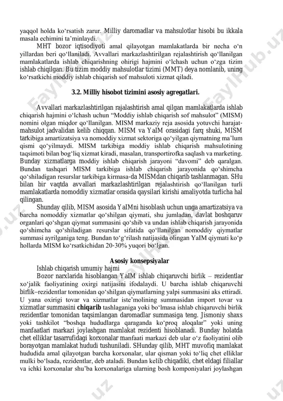 lab chiqarishi hajmi haqidagi ma’lumot olishga imkon beradi. hisoblarning o‘zi esa shunday ishlab chiqilganki, ular yordamida asosiy iqtisodiy savollarga javob olish mumkin. masalan, “mamlakatda qaysi mahsulot ishlab chiqarilyapti va qay miqdorda?”, “mamlakat iqtisodiyotida qanday ishlab chiqarish sektorlari mavjud?”, “milliy daromad ishlab chiqarish omillari orasida qanday taqsimlanadi, hususan, mehnat va kapital o‘rtasida?”. milliy hisoblar iqtisodiy tahlil bilan shug‘ullanuvchilar kabi iqtisodiy rejalashtirishlarni amalga oshiruvchilarga ham zarur. chunki ular:  muhim iqtisodiy o‘zgarishlarni o‘lchovi va iqtisodiy rivojlanish tahlilini o‘tkazish uchun mos statistik asosni;  iqtisodiy rivojlanib borishni baholash uchun davrlar ko‘rsatkichlarini taqqoslash imkoniyatini;  iqtisodiyot potensial imkoniyatlari ko‘rsatkichlarini haqiqiy iqtisodiy ko‘rsatkichlari bilan taqqoslash imkonini;  turli mamlakatlar orasida taqqoslash o‘tkazishga imkon beruvchi umumiy asosni ta’minlaydi. iqtisodiy rivojlanishni o‘rganish uchun iqtisodiy agregatlarningn miqdoriy ahamiyatini aniqlash hamda mamlakat iqtisodiytini subsektorlar orasidagi aloqalarni yaqqol holda ko‘rsatish zarur. milliy daromadlar va mahsulotlar hisobi bu ikkala masala echimini ta’minlaydi. mht bozor iqtisodiyoti amal qilayotgan mamlakatlarda bir necha o‘n …