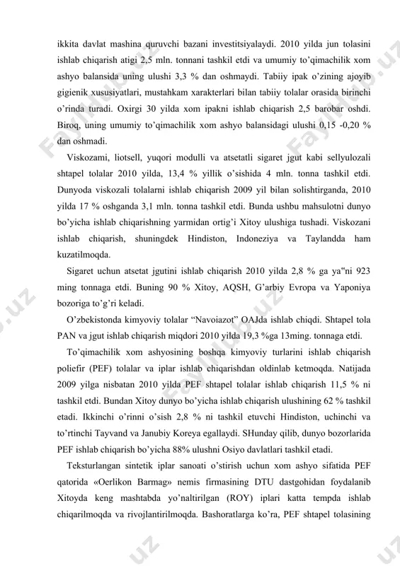 i cho’zilishga (500-800%) va elastik deformatsiyaga ega poliuretan asosida elastomer spandeks tolasini olish usulini ishlab chiqib, tolani patentladi. spandeks (laykra) iplari muallifining o’tkazgan tadqiqqotlari shuni ko’rsatdiki, 50% cho’zilganda va yukni 1 daqiqadan so’ng olganda, elastik relaksatsiya hisobiga o’zining dastlabki uzunligini 98% egallar ekan. spandeks ipining ishqalanish koeffitsienti boshqa sintetik tola va iplarga nisbatan ancha yuqori. agar poliamid iplarining ishqalanish koeffitsienti 0,1 dan to 0,2 gacha bo’lsa, u holda spandeks iplarining ishqalanish koeffitsienti 0,8 ni tashkil etadi. 65% havoning nisbiy namligi va 20os haroratda spandeks ipining namlik yutishi 1,5-3%, parchalanish harorati 230os tashkil etadi. odatda spandeks iplari 1,8; 2,22; 4,44; 7,69; 15,6; 31,3; 57,6; 62,5; 100; 125; 200 teks chiziqli zichliklarda ishlab chiqariladi. 1,8 teks chiziqli zichlikdagi laykrani pillalar bilan birgalikda chuvish yo’li bilan gigienik xususiyatlari yaxshilangan “ipak-laykra” ipini ishlab chiqarish usuli ishlab chiqariladi va usulning yangiligiga patent olindi. laykra ipining yuqori cho’zilishga ega bo’lganligi sababli, undan past cho’zilishga ega bo’lgan …