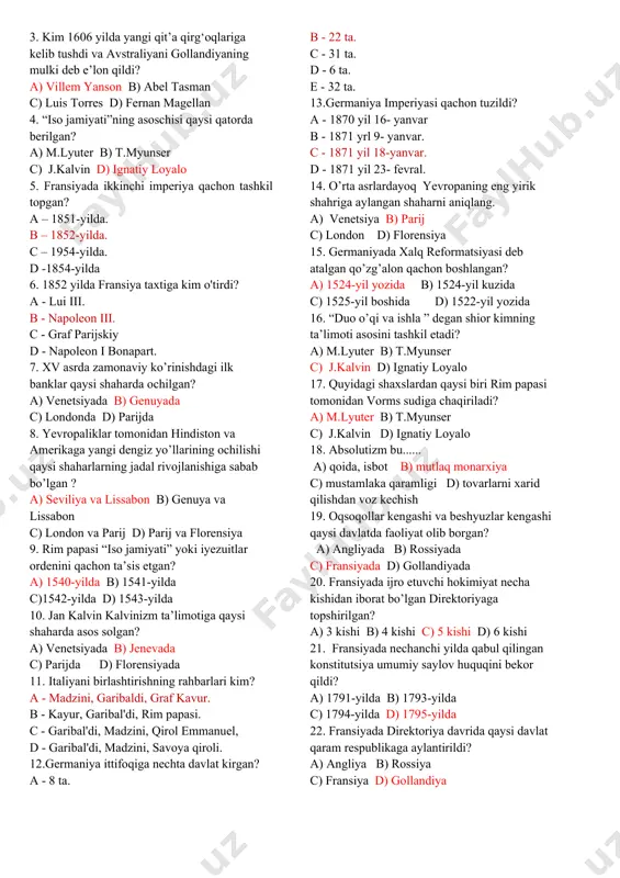 srning o'rtalari. d - xvii asrning boshi 14. usmоniylar impеriyasi 1683 yilda qaysi davlatga qarshi harbiy harakatlarni bоshlab yubоrdi ? a) angliyaga b) germaniyaga c) avstriyaga d) italiyaga 15. yetti yillik urush (1756-1763) qaysi hudud uchun urush kabi bоshlandi? a) silеziya b) sardiniya c) kosova d) kastiliya 16.pоlyak yеrlari 1665-1660 yillarda kimlarning bоsqiniga duchоr bo`ldi? a) shvеdlar b) nemislar c) turklar d) ispanlar 17. qaysi davlat yevropaning eng g’arbiy qismida joylashgan? a) fransiya b) ispaniya c) portugaliya d) italiya 18.mustaqillik masalasi muhokama qilingan kongresslar chaqirilgan shahar. a - filadelfiya. b - n'yu-york. c - kaliforniya. d - chikago. 19. qachon gaiti оrоlida nеgr-qullar va оzоd nеgrlarning qo’zg’оlоni bоshlandi? a) 1791 yilda b) 1792 yilda c) 1794 yilda d) 1795 yilda 20. qaysi davlatning geografik kashfiyotlardagi muvaffaqqiyatlari shahzoda genrix dengizchi nomi bilan bog’liq bo’lgan? a) fransiya b) ispaniya c) portugaliya d) italiya 21. xv asrda qaysi davlat dengizchilar afrika sohillari bo’ylab …