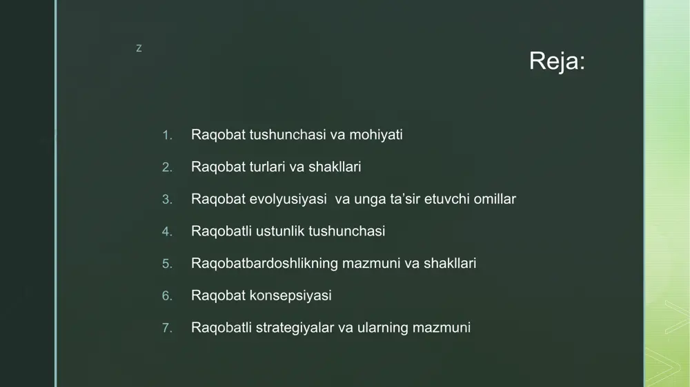 aratadi; z vertikal integrasiya kapital razmeriga talabni oshiradi, integrasiyalashgan va qisman integrasiyalashmagan firmalarning ishlab chiqarish xarajatlari va raqobatbardoshligidagi kuchli farqlanishga olib keladi; miqyosdagi iqtisod - zaruriy tovar, raqobatbardoshligiga erishish uchun bozor ulushini oshiradi, mahsulot assortimentini tez yangilash. z raqobatning rivojlanishiga ta'sir etuvchi omillarni 6 ta turga ajratish mumkin: texnologik oʻzgarishlar; talabdagi oʻzgarishlar; bozor tuzilmasidagi oʻzgarishlar; mahsulot nomenklaturasidagi oʻzgarishlar; tarmoq rivojlanishining dinamikasi; davlatning iqtisodiy siyosatidagi oʻzgarishlar. z 4. raqobatli ustunlik tushunchasi raqobatli ustunlik - tovar yoki markaning firmaga oʻzining bevosita raqobatchilariga nisbatan ma'lum bir ustunlik beradigan xarakteristikasi va xususiyatlaridir. z raqobat ustunligini tanlashni belgilab beruvchi holatlar z agar raqobatli ustunlik firmaning ishlab chiqarish xarajatlari, firmani boshqarishdagi afzalligiga yoki raqobatchidan koʻra kamroq tannarxga erishishga imkon beruvchi va “ishlab chiqaruvchi uchun qiymat” hosil qiluvchi tovarga asoslangan boʻlsa, bunday ustunlik “ichki ustunlik” deb ataladi. z tarmoq va firmaning tashqi raqobat ustunliklariga quyidagilar kiradi: mamlakat raqobatbardoshligining yuqori darajasi; kichik biznesning davlat tomonidan faol qoʻllab-quvvatlanishi; mamlakat …