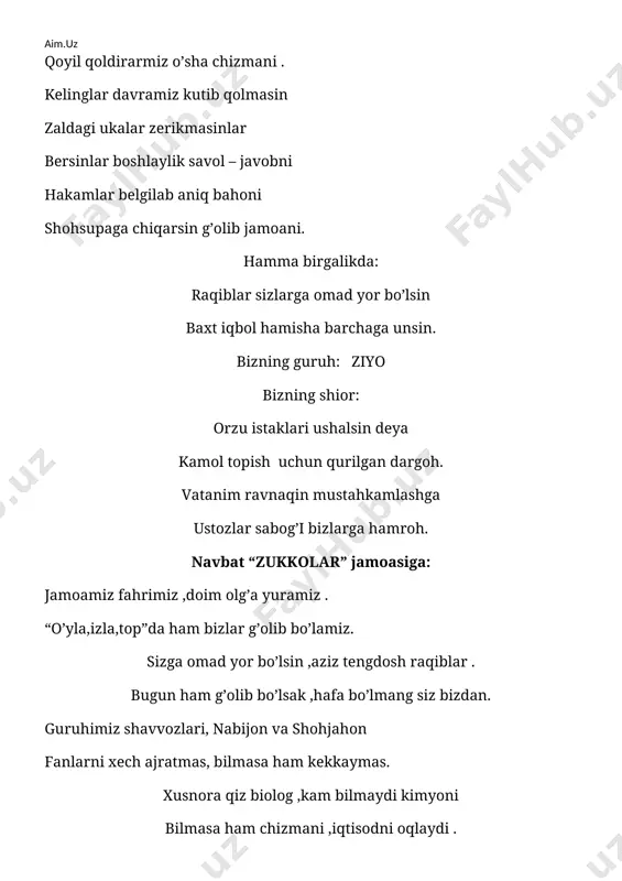 ,bolalar, ularning har biri necha yoshda? javobi: 1+7+12=20 , 100 : 20 =5 , 7*5=35, 12*5=60 5 yosh,35 yosh, 60 yosh. 2. kimyo 3.fizika javobi: 4. iqtisod 1. firma ta’sischilari o’rtasida o’zaro faoliyat yuritish bo’yicha tuziladigan kelishuv hujjati ……(firmaning ta’sis shartnomasi) 2. ishlab chiqarishda uzoq yil va ko’p marta ishlatiladigan asosiy ishlab chiqarish vositalarni sotib olishga mo’ljallangan mablag’ - ….. (asosiy mablag’) 3.faqat asosiy vositalar sotib olinadigan jamg’arma …..(amortizatsiya jamg’armasi) 4. tovarning sotishdan tushgan pul tushumi …..(yalpi daromad) 5. tadbirkorlarni biznesdagi yo’qotishlarga va tavakkalchilik orqali zarar ko’rishlariga qaramasdan faoliyat yuritishga majbur etadigan asosiy rag’bat nima? (foyda) 6. firmaning boshqa firmalar va davlat oldidagi qarzlarini to’lay olmaslik holati …(bankrotlik) 7.biror ko’zlangan maqsadga erishish usullari, shakllari, vositalari va boshqarish tamoyillarini o’rganadigan fan ….(menejment) 8. maxsus boshqaruv ilmini egallagan ish yurituvchi ..(menejer) 9. iqtisodiy samaradorlik - ….(minimal xarajat qilib , maksimal foyda olish) 10. iqtisodiyotning asosiy ijtimoiy maqsadlarini sanab bering ? (iqtisodiy:erkinlik,samaradorlik,tenglik , …