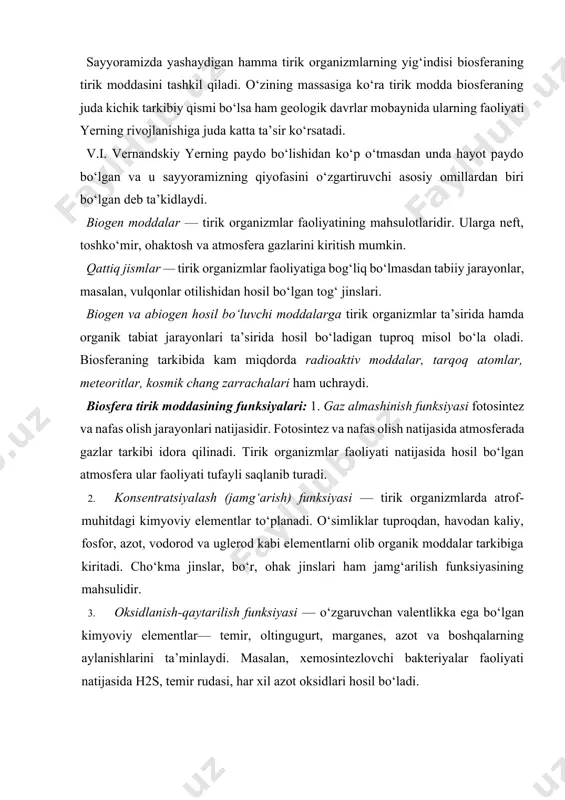 zichligi ortib boradi. ekvator biotsenozlarida yashash joyi, oziq-ovqat, yorug‘lik, kislorod uchun kuchli raqobat kuzatiladi. inson ta’sirida biomassa hosil bo‘ladigan maydonlar keskin o‘zgaradi. quruqlik yuzasining asosiy qismini tuproq biogeotsenozlari egallaydi. tuproq biogen va abiogen usulda hosil bo‘ladi, u anorganik va organik moddalardan tashkil topadi. biosferadan tashqari tuproqning hosil bo‘lishi mumkin emas. tog‘ jinslariga mikroorganizmlar o‘simlik va hayvonlarning ta’sirida yerning tuproq qatlami asta-sekin shakllanadi. organizmlar tarkibida to‘plangan biogen elementlar ular o‘lganidan keyin yana tuproq tarkibiga o‘tadi. tuproqda kechadigan jarayonlar moddalarning biosferadagi davriy aylanishining tarkibiy qismidir. odamning xo‘jalik faoli- yati tuproq tarkibining o‘zgarishiga, undagi mikroorganizmlar nobud bo‘lishiga olib kelishi mumkin. okean biomassasi. suv biosferaning muhim tarkibiy qismla- ridan bo‘lib, tirik organizmlarning yashashi uchun eng zarur omillardan biri hisoblanadi. suvning asosiy qismi okean va de- ngizlarda. okean va dengiz suvlari tarkibiga 60 ga yaqin kimyo- viy elementlardan tashkil topgan mineral tuzlar kiradi. organizmlar hayoti uchun zarur bo‘lgan kislorod va karbonat angidrid gazlari suvda yaxshi …