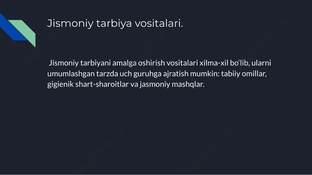 ng ovqatlanishi (nonushta, tushki ovqat, kech tushki ovqat va kechki ovqat) osoyishta vaziyalda o'tishi kerak. bola stol atrofiga yaxshi ishtaha bilan o'tirsa, uning organizmida ovqatning yaxshi hazm bo'lishiga yordam beruvchi shart-sharoit hosil qiladi. yaxshi ishtaha bolalarda mustaqillik, madaniy-gigienik, stol atrofida o'zini to'g'ri tutib o'tirish malakalarini tarbiyalashga yordam beradi. eng muhimi - bolalarning yoshligidan boshlab ularda yaxshi ishtaha bo'lishini ta’minlash muhim ahamiyatga egadir. kun tartibi kun tartibi jismoniy tarbiyaning muhim shartidir. kun tartibi xilma-xil faoliyat hamda dam olishning vaqt jihatdan maqsadga muvofiq taqsimlanishi, hayot tartibidir. jismoniy mashqlar jismoniy mashqlar deganda, jismoniy tarbiya qonuniyatlari va vazifalari bilan bog'liqlikda maxsus tashkil etiluvchi hamda ongli ravishda bajarishga qaratilgan harakatlar yig'indisi tushuniladi. jismoniy mashqlarni tasnif etishga doir xilma-xil yondashuvlar mavjud bo'lib, ko'proq umumlashgan tasnif o'zida gimnastika, o'yin, sayr kabilarni qamrab oladi. gimnastika pedagogik nuqtai nazardan gimnastika organizmga nafis ta’sir etish yoki uning alohida tizim va funksiyalarini rivojlantirish imkoniyatini beradi. gimnastikaning asosiy, gigiyenik, sportga oid, badiiy, …