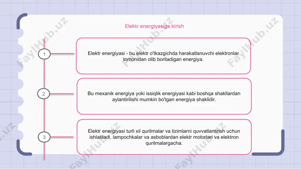 ir manbaidir, chunki ular shamolning kinetik energiyasini ushlaydi va uni elektr energiyasiga aylantiradi. elektr energiyasining afzalliklari elektr energiyasi ko'plab afzalliklari tufayli keng qo'llaniladi. u toza va zararli chiqindilar yoki ifloslantiruvchi moddalar chiqarmaydi, bu uni ekologik jihatdan qulay qiladi. bundan tashqari, elektr energiyasi juda samarali va uni boshqa energiya turlariga osongina aylantirish mumkin. elektr energiyasining yana bir afzalligi uning ko'p qirraliligidir. u uylar va korxonalarni elektr energiyasi bilan ta'minlashdan tortib, mashina va transport vositalarini boshqarishgacha bo'lgan keng ko'lamli ilovalarda qo'llanilishi mumkin. ushbu moslashuvchanlik elektr energiyasini bugungi zamonaviy jamiyatda qimmatli manbaga aylantiradi. bundan tashqari, elektr energiyasi boshqa energiya turlariga nisbatan nisbatan arzon. elektr energiyasini ishlab chiqarish va taqsimlash xarajatlari yillar davomida sezilarli darajada kamaytirilib, butun dunyo bo'ylab odamlar uchun qulayroq va arzonroq bo'ldi. elektr energiyasining kamchiliklari elektr energiyasining kamchiliklaridan biri uning yuqori narxidir. elektr energiyasini ishlab chiqarish qimmat uskunalar va infratuzilmani talab qiladi, bu esa iste'molchilar uchun kommunal to'lovlarni oshiradi. elektr energiyasining …