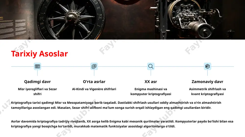 n ishlatiladi raqamli imzolarni yaratish assimmetrik kriptografiya ikki bog'liq kalit - jamoat (ochiq) va shaxsiy (maxfiy) kalitlardan foydalanadi. ushbu tizimning asosiy afzalligi, yuboruvchi va qabul qiluvchi oldindan sir kalitni almashishi shart emasligi. rsa algoritmi assimmetrik kriptografiyaning eng mashhur namunasidir. u tub sonlar faktorizatsiyasi muammosining murakkabligiga asoslangan. elliptik egri chiziqlar kriptografiyasi (ecc) esa, kichikroq kalit o'lchamlari bilan yuqori xavfsizlikni ta'minlaydigan yanada samarali assimmetrik algoritm hisoblanadi. 6 kriptografik xesh funktsiyalari yaxlitlik ma'lumot o'zgartirilmaganligini ta'minlash fiksirovanlik har qanday uzunlikdagi ma'lumotdan ma'lum uzunlikdagi "barmoq izi" hosil qilish qaytarilmaslik xesh qiymatidan asl ma'lumotni qayta tiklash imkonsizligi kriptografik xesh funktsiyalari har qanday hajmdagi ma'lumotdan qattiy belgilangan uzunlikdagi qiymat (xesh) hosil qiladi. xesh funktsiyalari ma'lumotlarning yaxlitligini tekshirish, parollarni saqlash va raqamli imzolarda keng qo'llaniladi. xesh funktsiyalari bir tomonlama bo'lishi kerak - ya'ni, xesh qiymatidan asl ma'lumotni qayta tiklash imkonsiz bo'lishi lozim. bundan tashqari, ular to'qnashuvlarga chidamli bo'lishi kerak - ikki xil ma'lumot bir xil xesh qiymatiga ega …