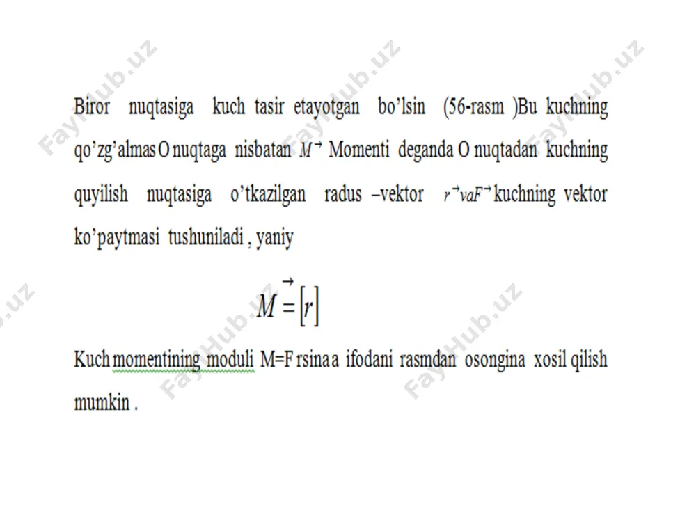 nuqtaning impul’s momenti va kuch momenti o’rganiladi. impul’s momenti deb moddiy nuqtaning harakatsiz o nuqtaga nisbatan impul’s (harakat miqdori) momenti deyiladi. image1.png image2.png image3.png image4.wmf oleobject1.bin image5.png image6.wmf oleobject2.bin image7.png image8.png oleobject3.bin oleobject4.bin oleobject5.bin image9.png image10.png oleobject6.bin