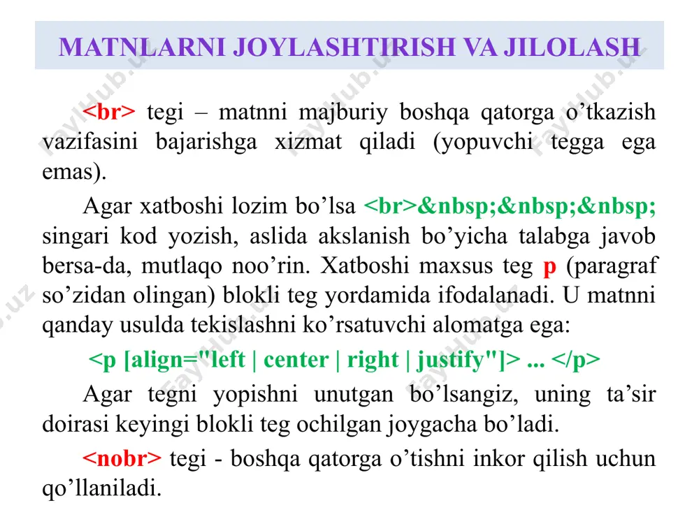 nomi ko’rsatiladi. matnlarni joylashtirish va jilolash ranglarning inglizcha nomi va kodlari matnlarni joylashtirish va jilolash ranglarning inglizcha nomi va kodlari matnlarni joylashtirish va jilolash ranglarning inglizcha nomi va kodlari matnlarni joylashtirish va jilolash ranglarning inglizcha nomi va kodlari matnlarni joylashtirish va jilolash ranglarning inglizcha nomi va kodlari matnlarni joylashtirish va jilolash ba’zi qadimiy tillarda, xususan arab yozuvida ham o’ngdan chapga qarab yoziladi, bu esa biz ko’nikkan yo’nalishga teskari. bunday matnlarni akslantirish uchun teskari tartibda har bir qatorni aniq yozib chiqish juda murakkablik tug’diradi. bu muammoni bartaraf etish uchun bdo tegi kiritilgan: . . . 1. ltr - odatiy qiymat, matn chapdan o’ngga qarab chop etib boriladi. 2. rtl - matn (right to left) o’ngdan chapga qarab chop etib boriladi. agar yo’nalishi o’zgartirilgan yozuv ichida biror jumla asl holida ko’rinishi shart bo’lsa, uni bdi tegi ichida yozish lozim. masalan, arab yozuvi ichida inglizcha so’zni keltirish zaruriyati tug’ilsa. matnlarni joylashtirish va jilolash …