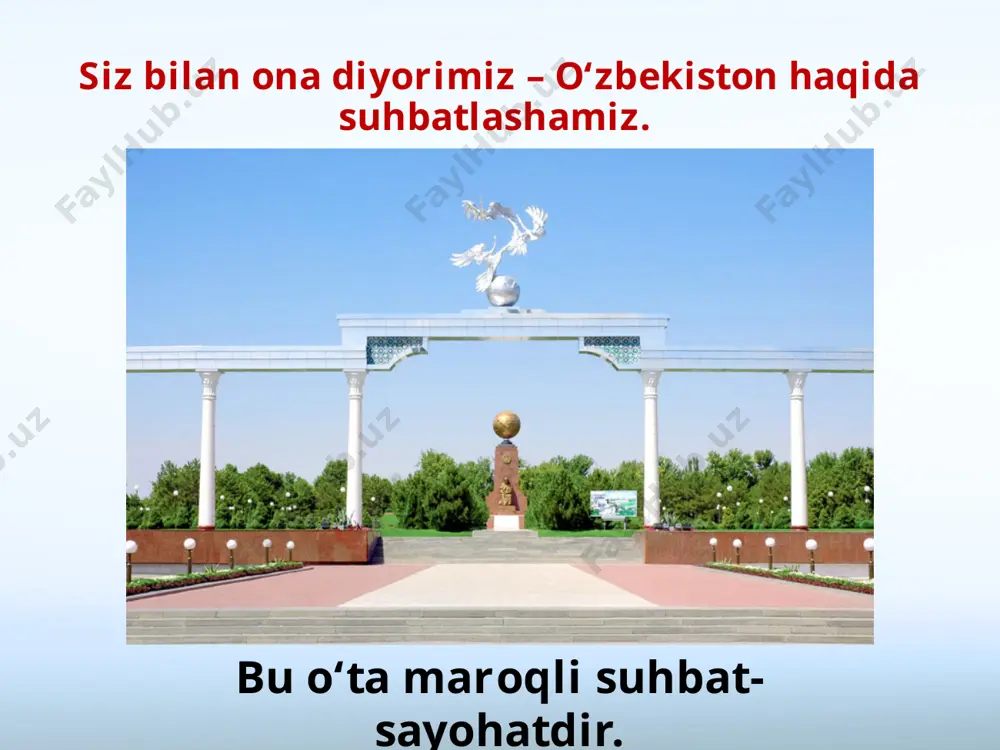 an bog‘liq. savol va topshiriqlar: 1. siz shoir bo‘lsangiz, o‘zbekistonga mehringizni qanday ifoda etgan bo‘lardingiz? 2. har faslning tabiatdagi o‘rni va go‘zalligi haqida gapirib bera olasizmi? 3. sizga qaysi fasl ko‘proq yoqadi? 4. mamlakatimizning qaysi shaharlarini borib ko‘rishni istaysiz? 5. rasmlarga qarab, yurtimizning boyliklari haqida gapirib bering. image2.jpeg image3.jpeg image4.jpeg image5.jpeg image6.gif image7.jpeg image8.jpeg image9.jpeg image10.jpeg image11.jpeg image12.jpeg image13.jpeg image14.gif image15.jpeg image16.jpeg image1.jpeg