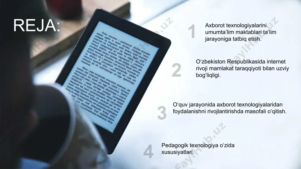 texnologiyalari ta’limni amalga oshish jarayonida hayot bilan uyg‘unlashtirishga imkon beradi. o‘qitishni kelajakdagi kasbiy faoliyat bilan chambarchas bog‘lash imkoniyati paydo bo‘ladi axborot texnologiyalarini qo‘llashda o‘quvchi shaxsining butun imkoniyatlarini amalga oshirishga: kompyuter vositalari orqali bolaning bilishga oid, axloqiy, ijodiy, muloqot qilish va estetikaviy imkoniyatlarini, qobiliyatlarini ro‘yobga chiqarishga intilish lozim. kompyuter va axborot texnologiyalarini o‘quvchi shaxsini rivojlantirishning to‘laqonli vositasiga aylantirish uchun o‘qituvchining o‘zi axborot texnologiyalari sohasida bilimdon (salohiyatli) bo‘lishi kerak. 1 zamonaviy axborot muhitida faoliyat tajribasini baholash va integratsiyalashga qodirlik; 2 shaxsiy ijodiy sifatlarini rivojlantirishga intilish; 4 axborot vositasida o‘zaro birlashib xatti-harakatlarni bajarish masalasida nazariy tushunchalarning va uni tashkillashtirish tajribasining bo‘lishi; 5 o‘zini refleksiyalash (o‘z ruhiy holatini tahlil qilish) ehtiyojining bo‘lishi; 3 umumiy komunikativ (o‘zaro muloqot qilish) madaniyatining yuqori darajada bo‘lishi; 6 axborotni qabul qilish, tanlash, saqlash, qayta tiklash, taqdim etish usullarini, uni o‘zgartirish, uzatish va integratsiyalash madaniyatini o‘zlashtirish. jahon pedagogikasi amaliyotida qator olimlar, jumladan, m. v. bulanova toporkova va boshqalar o‘qituvchining axborot …