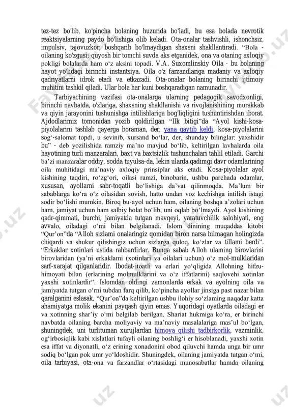 da surunkali charchoq paydo bo'ladi. uning kuchini noto'g'ri baholash, u har doim bir oz kalta bo'lganligi sababli muvaffaqiyatga erisha olmaydi. bunday oiladagi bola doimiy zo'ravonlikka duchor bo'ladi, u aybdorlik hissi, o'zini past baholaydi. demak, oilaviy tarbiyaning butun jarayoni ta'lim uslublariga bog'liq."oilaviy baxtning kaliti - mehribonlik, samimiylik, sezgirlik "oilaviy tarbiyadagi xatolar alohida e'tiborga https://azkurs.org/mundarija-mavzu-tengqurlar-jamoasi-va-yoshlar-submadaniyati-ki.html https://azkurs.org/befarqlik-egri-chizigi.html https://azkurs.org/befarqlik-egri-chizigi.html loyiqdir. oilaviy ta'limning xatolari ota-onalarning xarakterli og'ishlariga va ularning shaxsiy muammolarini bolalar hisobidan hal qilish istagiga bog'liq. oilaviy ta'limning ma'qullash uslubi bilan bola erta bolalikdanoq o'z-o'zidan qoldiriladi va kattalar o'z ishlari bilan shug'ullanadilar va bolaning ehtiyojlariga befarq munosabatda bo'lishadi. ular qanday qilib fidokorona do'st bo'lishni bilishmaydi, ular uchun bolalar jamoasiga ko'nikish qiyin, chunki, ular doimo ko'z oldida bo'lishni xohlashadi. raqobat uslubi bilan ota-onalar boladan iqtidorni kutishadi, buning uchun ular unga turli xil faoliyatda, hatto bolaning irodasiga qarshi ham o'zini sinab ko'rish imkoniyatini beradi. ko'pincha bu bolalar ustidan ustunlik hissi shakllanishiga olib keladi va mag'lubiyat depressiyaga …