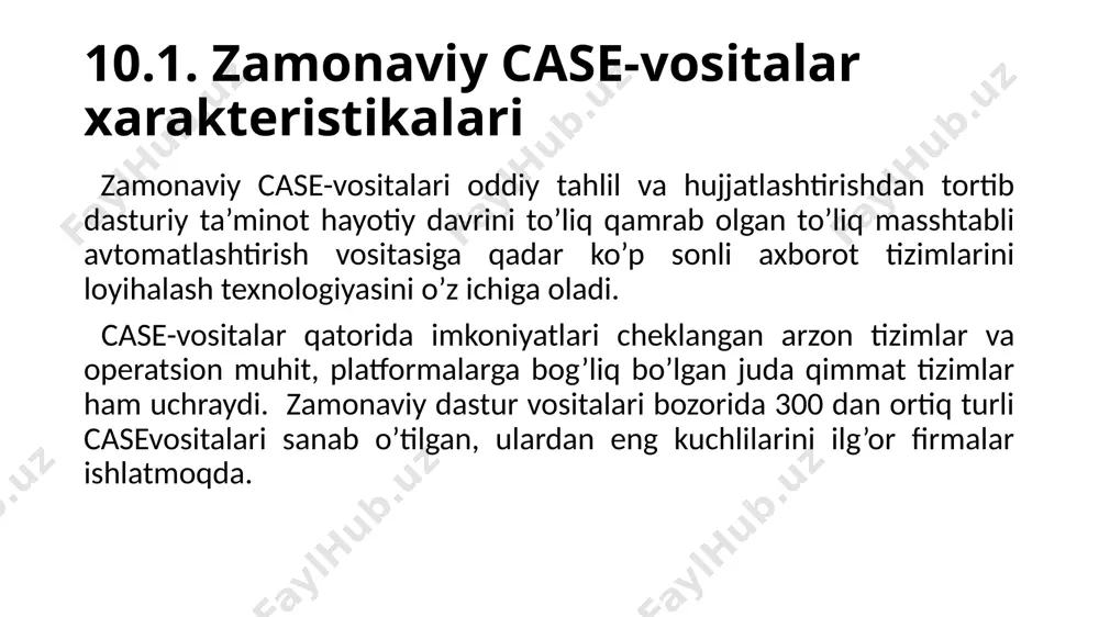 loyiha hujjatlari va turli tillardagi kodlarni generatsiyalash imkoniga ham ega. rotional rose ob’ektga mo’ljallangan tahlil va loyihalash metodologiyasini qo’llaydi. ushbu metodologiya uml (unified modeling language) tizimida ham qo’llanilgan bo’lib, u ob’ektlarni modellashtirishning universal dastur vositasi hisoblanadi. hozirda ushbu dastur vositasi ob’ektga mo’ljallangan tahlil va loyihalash borasida standart dasturga aylanib bormoqda. rotional rose tarkibida 6 ta asosiy komponent yotadi: repozitor foydalanuvchining grafik interfeysi loyihani ko’rish vositasi (browser) loyihani nazorat qilish vositasi statik ma’lumotlarni yig’ish va hujjatlarni generatsiya qilish vositalari kod generatori va c++ uchun analizator konfiguratsiyali boshqaruv vositasi konfiguratsiyali boshqaruv maqsadi – axborot tizimlarini ishlab chiqish va ishlashini kuzatib borish jarayonini nazorat qilish va boshqarishni ta’minlashdir. buning uchun axborot tizimi holati, uning komponentlari va o’zgarishlar haqidagi aniq ma’lumot doimiy vaqt oralig’ida zarur bo’ladi. konfiguratsiyali boshqaruv masalasini yechish uchun komponent holati identifikatsiyasini ta’minlovchi quyidagi usul va vositalar qo’llaniladi: barcha komponentlarni ro’yxatga olish va tizimni to’liq modifikatsiya qilish komponentlarga kiritilayotgan o’zgarishlarni nazorat qilish …