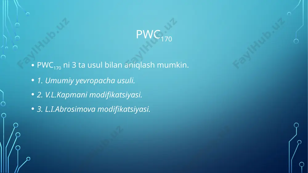 foydalaniladi. pwc170 ning nisbiy qiymati bu tana og’irligining kg (kgm/daq. kg) absolyut qiymatiga (kgm/daq. yoki vt/daq.) nisbati hisoblanadi. agar pwc170 formulasini hisoblashda yuklamani tana og’irligisiz nisbiy quvvati qo’yilsa, bunda jismoniy ish bajarish qobiliyatining hajmi nisbiy birliklarda aks ettiriladi. olingan jismoniy ish bajarish qobiliyatining nisbiy hajmi, umumiy tana og’irligiga ko’paytirilib, absolyut jismoniy ish bajarish qobiliyati aniqladi. yoshi katta guruhlardagi shaxslarda, ya’ni 30 yoshdan boshlab yurak qisqarish funktsiyasini optimal rejimi 170 zarba/daq. ga tenglashtirilmaydi. har bir shaxsning yoshini yuqs ning optimal kattaligida (age+reguency) hisoblanadi pwraf. buning uchun har bir yoshni maksimal tomir urishidan 87% ni olinadi (mxyuqs). mxyuqs ni erkaklar uchun 220-yosh, ayollar uchun 226-yosh formulasi bilan topiladi. shuningdek, 30 yoshlar uchun pwc170 ni indikator hajmi erkaklar uchun (220-30)*0,87=165 zarba/daq. ga teng. optimal yuqs ga mo’ljallash mumkin: 30-39 yoshda 160 z/daq., 40-49 yosh 150 z/daq., 50-59 yosh 145 z/daq., 60-69 yosh 135 z/daq. pwc170 sinamsini aniqlashda tavsiya etiladigan mushak ishi quvvatining taxminiy …