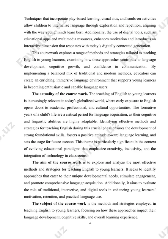 with innovative techniques, such as play-based learning, storytelling, and the integration of digital tools, to create an interactive and supportive learning environment. this coursework also offers guidelines for addressing challenges in teaching english to young learners, making it a valuable resource for both novice and experienced teachers. the theoretical value of the course work is grounded in its contribution to the academic understanding of language acquisition and pedagogy. it examines foundational theories, such as krashen's input hypothesis and vygotsky's sociocultural theory, and their relevance to young learners. the study synthesizes theoretical frameworks related to cognitive development, language learning strategies, and child-centered teaching methodologies. by bridging theory and practice, this coursework enhances our understanding of how specific methods influence language acquisition, cognitive growth, and emotional development in young learners. the task of investigation. we have set ourselves to achieve the following tasks forward: - analyze traditional, interactive, and digital methods of …
