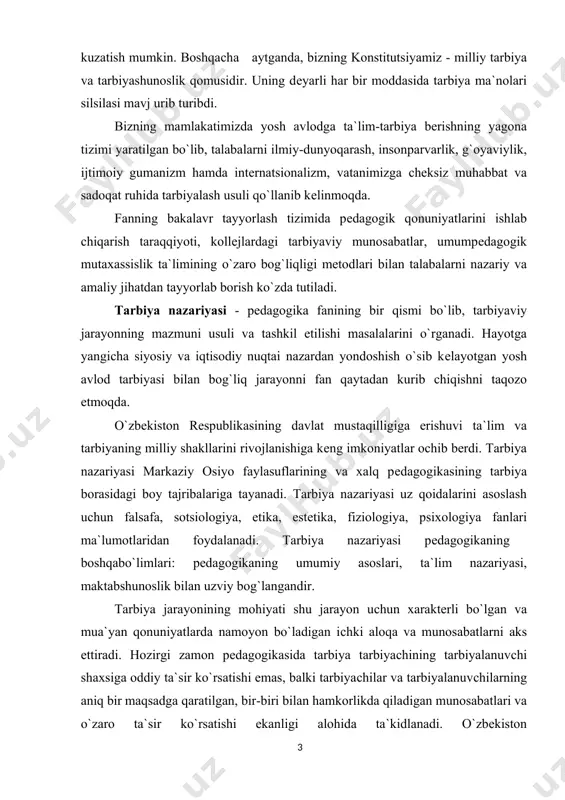 vj urib turibdi. bizning mamlakatimizda yosh avlodga ta`lim-tarbiya berishning yagona tizimi yaratilgan bo`lib, talabalarni ilmiy-dunyoqarash, insonparvarlik, g`oyaviylik, ijtimoiy gumanizm hamda internatsionalizm, vatanimizga cheksiz muhabbat va sadoqat ruhida tarbiyalash usuli qo`llanib kelinmoqda. fanning bakalavr tayyorlash tizimida pedagogik qonuniyatlarini ishlab chiqarish taraqqiyoti, kollejlardagi tarbiyaviy munosabatlar, umumpedagogik mutaxassislik ta`limining o`zaro bog`liqligi metodlari bilan talabalarni nazariy va amaliy jihatdan tayyorlab borish ko`zda tutiladi. tarbiya nazariyasi - pedagogika fanining bir qismi bo`lib, tarbiyaviy jarayonning mazmuni usuli va tashkil etilishi masalalarini o`rganadi. hayotga yangicha siyosiy va iqtisodiy nuqtai nazardan yondoshish o`sib kelayotgan yosh avlod tarbiyasi bilan bog`liq jarayonni fan qaytadan kurib chiqishni taqozo etmoqda. o`zbekiston respublikasining davlat mustaqilligiga erishuvi ta`lim va tarbiyaning milliy shakllarini rivojlanishiga keng imkoniyatlar ochib berdi. tarbiya nazariyasi markaziy osiyo faylasuflarining va xalq pedagogikasining tarbiya borasidagi boy tajribalariga tayanadi. tarbiya nazariyasi uz qoidalarini asoslash uchun falsafa, sotsiologiya, etika, estetika, fiziologiya, psixologiya fanlari ma`lumotlaridan foydalanadi. tarbiya nazariyasi pedagogikaning boshqabo`limlari: pedagogikaning umumiy asoslari, ta`lim nazariyasi, …