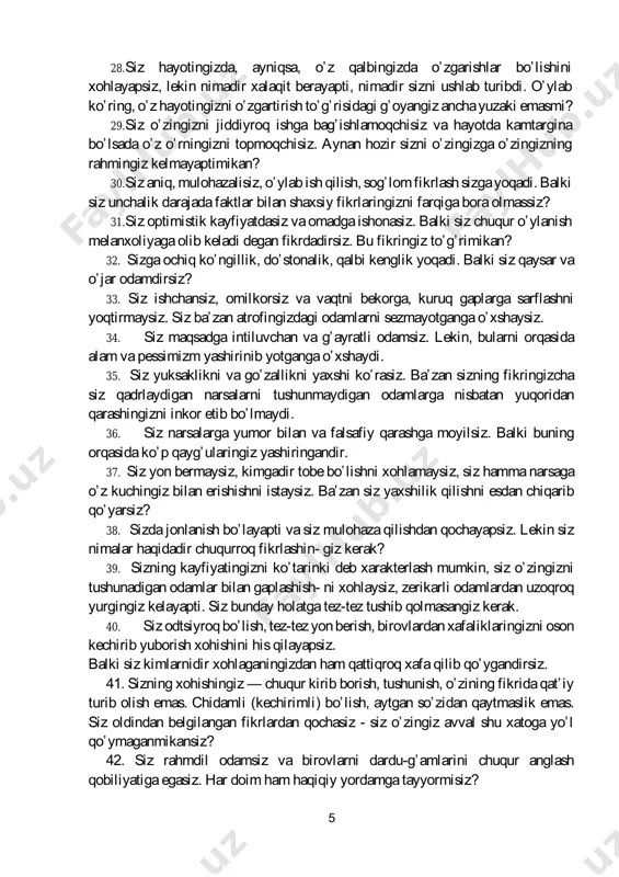 r xalaqit berayapti, nimadir sizni ushlab turibdi. o’ylab ko’ring, o’z hayotingizni o’zgartirish to’g’ risidagi g’oyangiz ancha yuzaki emasmi? 29. siz o’zingizni jiddiyroq ishga bag’ ishlamoqchisiz va hayotda kamtargina bo’ lsada o’z o’rningizni topmoqchisiz. aynan hozir sizni o’zingizga o’zingizning rahmingiz kelmayaptimikan? 30. siz aniq, mulohazalisiz, o’ylab ish qilish, sog’ lom fikrlash sizga yoqadi. balki siz unchalik darajada faktlar bilan shaxsiy fikrlaringizni farqiga bora olmassiz? 31. siz optimistik kayfiyatdasiz va omadga ishonasiz. balki siz chuqur o’ylanish melanxoliyaga olib keladi degan fikrdadirsiz. bu fikringiz to’g’ rimikan? 32. sizga ochiq ko’ngillik, do’stonalik, qalbi kenglik yoqadi. balki siz qaysar va o’ jar odamdirsiz? 33. siz ishchansiz, omilkorsiz va vaqtni bekorga, kuruq gaplarga sarflashni yoqtirmaysiz. siz ba’zan atrofingizdagi odamlarni sezmayotganga o’xshaysiz. 34. siz maqsadga intiluvchan va g’ayratli odamsiz. lekin, bularni orqasida alam va pessimizm yashirinib yotganga o’xshaydi. 35. siz yuksaklikni va go’zallikni yaxshi ko’rasiz. ba’zan sizning fikringizcha siz qadrlaydigan narsalarni tushunmaydigan odamlarga nisbatan yuqoridan qarashingizni inkor …