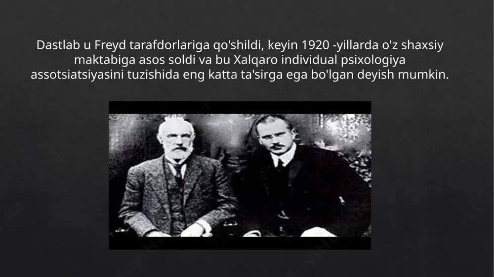 smlari boshqalarga qaraganda tezroq ta'sirlanishi haqida nazariya ishlab chiqdi. u har bir odamning ba'zi organlari boshqalarga qaraganda kuchsizroq bo'lishini taklif qildi va bu uni ushbu organlarning kasalliklari va shikastlanishlariga ko'proq moyil qiladi. bundan tashqari, adler har bir odamda aynan o'sha organ kasalligi bor, u kam rivojlangan, unchalik yaxshi ishlamagan va umuman tug‘ma “noto`liq" bo'lgan deb hisoblardi. keyinchalik adler aniq organik zaiflik yoki nuqsonli odamlar ko'pincha bu kamchiliklarni mashg'ulotlar va jismoniy mashqlar yordamida to'ldirishga harakat qilishini kuzatdi, bu esa ko'pincha mahorat yoki kuchning rivojlanishiga olib keladi: "deyarli barcha taniqli odamlarda bizda biron bir organda nuqson borligini topamiz. ko'rinishidan, ular juda hayotining boshida azob chekishgan, lekin kurashishgan va qiyinchiliklarini yengishgan." mukammallikka intilish; u o'zining dastlabki mulohazalarida odamlarning xulq -atvorining harakatlantiruvchi kuchi agressiya ekanligiga ishonchini bildirdi. keyinchalik u "hokimiyatga intilish" foydasiga agressiv intilishlar g'oyasidan voz kechdi. bu kontseptsiyada zaiflik ayollik bilan, kuch esa erkaklik bilan tenglashtirildi. bu adler nazariyasining rivojlanish bosqichi bo'lib, u …