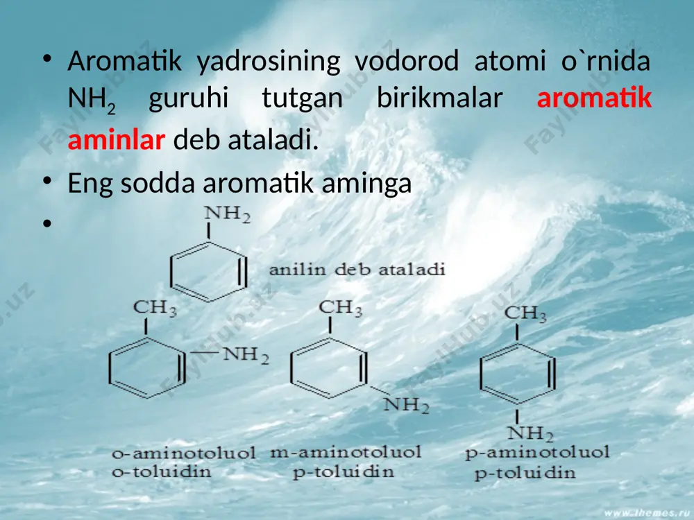 rokidagi reaksiyasi amalga oshi-rilsa uchlamchi "trifenilamin" hosil bo`ladi. uchlamchi aromatik aminlar asos xossasiga ega emas. aim.uz diazobirikmalar. aromatik aminlarning tuzlari, kislotali muhitda nitrit kislota ta'sirida diazotirlanib arildiazoniy tuzlarini hosil qiladi: с6h5-n+h3cl- + hono  c6h5-n+ncl- + 2h2o odatda diazotirlash reaksiyasini amalga oshirish uchun bir miqdor aromatik amin uch miqdor mineral kislotada eritilib unga 00c da nano2 qqqqqqqq qqqqqqdi. kimyoviy xossalari. fenildiazoniyxlorid yuqori reaksiya qobiliyatiga ega bo`lgan birikma. fenildiazoniyxloridning reaksiyalari ikki xil: azot ajralib chiqishi yoki azot ajralmasdan borishi mumkin. aim.uz i.azot ajralib chiqishi bilan boradigan reaksiyalar. 1. diazoniy tuzlarining parchalanishi: 2.metallorganik birikmalar sintezi, a.n.nesme-yanov reaksiyasi: aim.uz 3. gatterman-zandmeyer reaksiyalari: 4. meerveyn reaksiyasi: с6н5n2cl + ch2=ch-cooh  c6h5-ch2-chcl-cooh + n2 aim.uz ii.azot ajralib chiqmasdan amalga oshadigan re-aksiyalar. 1. fenilgidrazinlar hosil bo`lishi (diazoniy tuzlarini qaytarish): 2. azobirikish reaksiyasi. ushbu reaksiya natijasida muhim ahamiyatga ega bo`lgan azobo`yoqlar olinadi. diazoniy tuzlari fenollar bilan kuchsiz ishqoriy muhitda, aromatik aminlar bilan esa kislotali muhitda reaksiyaga kirishadi: …