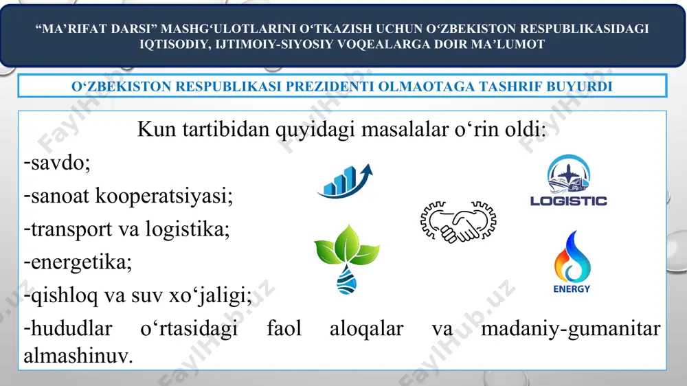 htalik, farovonlik va ravnaq tiladilar. qabul qilingan “yo‘l xaritasi” asosida ko‘p qirrali o‘zbekiston-eron munosabatlarini yanada rivojlantirishning dolzarb masalalari atroflicha ko‘rib chiqildi. turli darajalarda faol muloqotlar va tashriflar davom etayotgani mamnuniyat bilan qayd etildi. o‘zaro savdo va yuk tashish ko‘rsatkichlari, qo‘shma korxonalar soni oshmoqda, poytaxtlar o‘rtasida muntazam to‘g‘ridan-to‘g‘ri aviaqatnovlar amalga oshirilmoqda, ishbilarmonlik va madaniy-gumanitar almashinuv kengaymoqda. kimyo va neft-kimyo tarmoqlari, to‘qimachilik va oziq-ovqat sanoati, qishloq xo‘jaligi, qurilish materiallari tarmog‘i va boshqa yo‘nalishlardagi kooperatsiya loyihalarini qo‘llab-quvvatlash va jadal amalga oshirishga alohida e’tibor qaratildi. tehron shahrida o‘tkazilishi rejalashtirilgan hukumatlararo komissiya yig‘ilishi, biznes forumi va sanoat ko‘rgazmasini samarali tashkil etish muhimligi ta’kidlandi. o‘zbekiston va eron yetakchilari xalqaro va mintaqaviy ahamiyatga molik masalalar yuzasidan ham fikr almashdilar. *