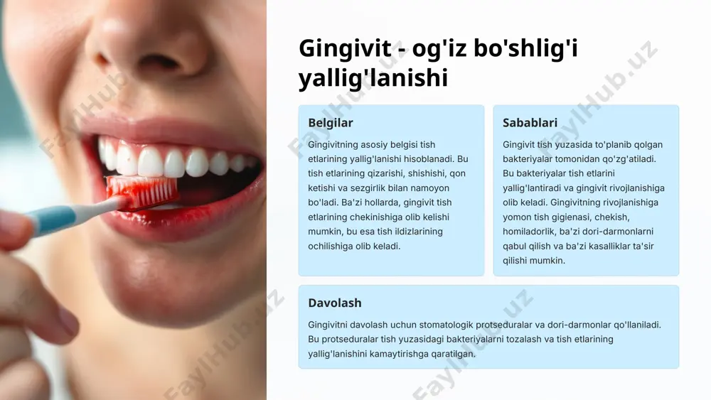 o'tkasi va pastasi bilan to'g'ri foydalanishni o'rgatmaganlik, buning natijasida tishlar yuzasida bakteriyalar ko'payadi va paradont kasalliklari xavfi ortadi. to'g'ri ovqatlanmaslik shirinliklar va karbonatli ichimliklarni haddan tashqari iste'mol qilish, bu esa tish emalini buzadi va paradont kasalliklarining rivojlanishini tezlashtiradi. tish shifokoriga kamdan-kam tashrif buyurish tish shifokoriga muntazam ravishda tashrif buyurmaganlik, bu esa tishlarni tekshirish va muammolarni erta bosqichda aniqlash imkoniyatini yo'qotadi. 18 biologik va fizik omillar oilavi omillar ota-onalarning tish holati va paradont kasalliklariga moyilligi bolaning bu kasalliklarga chalini ehtimoli oshirishini keltirib chiqaradi. yomon odatlar chekish, spirtli ichimliklarni iste'mol qilish va giyohvand moddalarni iste'mol qilish paradont kasalliklarining rivojlanish xavfini oshiradi. stress doimiy stress immunitet tizimini zaiflashtiradi va paradont kasalliklarining rivojlanishini tezlashtiradi. 19 xulosa paradont kasalliklari og'iz bo'shlig'ining jiddiy muammolari hisoblanadi va tish yo'qotishga olib kelishi mumkin. ularning kelib chiqish sabablari murakkab va turli omillarga bog'liq, shu jumladan bakteriyalar, tishlar yoki tish-zhvash apparati anomaliyalari, ichki va tashqi faktorlar, biologik va fizik omillar. …
