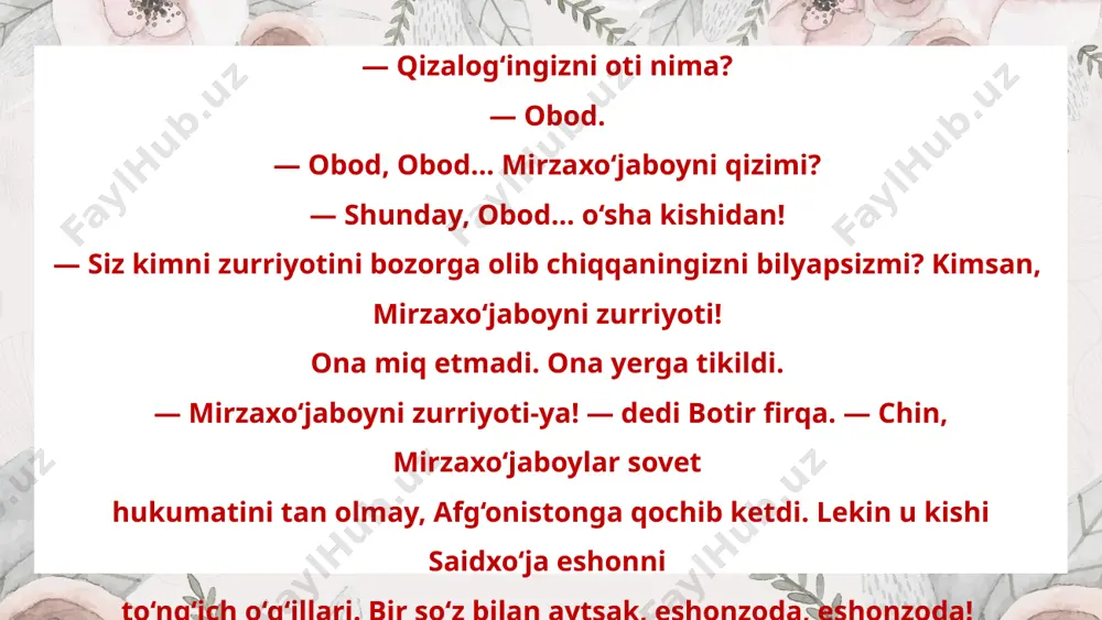 ab keldi. o’ram bir uchini sherigi yelkasiga qo‘ydi. o’ram ikkinchi uchini o‘z yelkasiga qo‘ydi. ikkita nkvdchi o‘ramni yelkalab, hovuzga tushdi. o’ramni boyagi ustma-ust jasadlar ustiga qo‘ydi. sholchani bir chetidan tortdi. sholcha ichidan... uchta jasad... jasadlar ustiga yumalab tushdi! nkvdchilar sholchani qoqib-qoqib taxladi. hovuzdan chiqib keldi. sholchani mashina ustiga tashladi. komandirlari oldiga keldi. — tag‘in uchtasini olib keldik, — dedi birovi. — ikkita desayam bo‘ladi. bitta maydagina bolacha, — dedi ikkinchisi. — menimcha, bolasi bo‘lsa kerak, bag‘riga bosib yotibdi. — bolasi o‘g‘ilmi-qizmi? — so‘radi komandir. — kim qarabdi, o‘rtoq komandir. ishqilib, bir go‘dak odamcha-da. shunda, botir firqa ajabtovur bir ovoz eshitdi. firqa alang-jalang bo‘ldi. ovoz ko‘kdan kelyapti yo yerdan chiqyaptimi, bilolmadi. bir ko‘kka qaradi, bir tevarakka qaradi, bir nkvdchilarga qaradi. komandir iyagi bilan hovuzga imo etdi. — o’radan kelyapti, o‘radan, — dedi. botir firqa hovuzga tikildi. chin, ovoz hovuzdan kelmish bo‘ldi. nazarida... nazarida, jasadlar qimir-qimir etmish bo‘ldi. botir firqa yoqa tutamlab-yoqa …