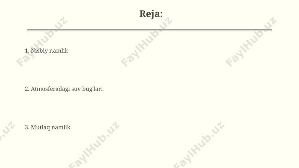 nlaydi, bu global suv aylanishiga katta hissa qo'shadi. tog'li hududlarda, masalan, himoloy tog'larida, 2000 metr balandlikda havo harorati pasayishi tufayli suv bugʻining kondensatsiyasi va yogʻingarchilik kuzatiladi, bu jarayon suv aylanishining muhim qismidir. mutlaq namlik mutlaq namlikning qiymati haroratga bog'liq bo'lib, yuqori haroratda ko'proq suv bug'ini saqlash mumkin, masalan, 30°c da samarqanddagi havo 30 grammdan ortiq suv bug'ini o'z ichiga olishi mumkin. mutlaq namlik havo kub metri ichidagi suv bug'ining grammdagi miqdorini bildiradi, masalan, 20°c haroratda va 100% nisbiy namlikda, toshkentda 17 gramm suv bug'i bo'lishi mumkin. e'tiboringiz uchun rahmat @taqdimot_robot image2.jpg image3.jpg image4.jpg image5.jpg image6.jpg image7.jpg