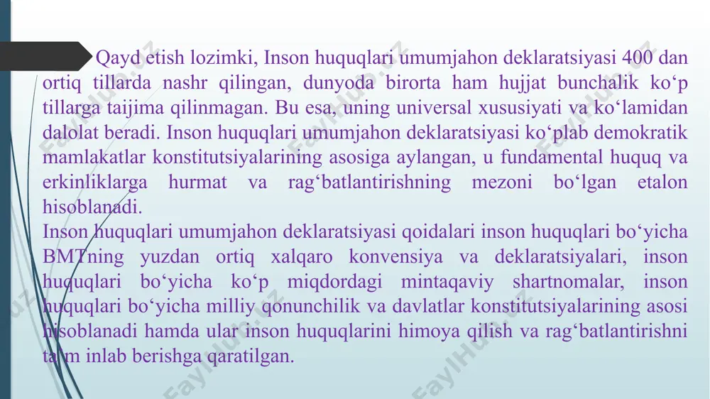 n olgan holda xalqaro aloqalarda tinchlik va xavfsizlikni mustahkamlash, nizolami tinch yo‘l bilan bartaraf etishni yoqlab chiqmoqda; uchinchidan, 0‘zbekiston respublikasining tashqi siyosati o‘zaro tinchlik, o‘zaro foyda, ichki ishlarga aralashmaslik tamoyillariga, mustaqil- likni va suverenitetni chegaralovchi hamda davlatlararo munosabatlami mafkuralashtirishga qaratilgan harakatlarga yo‘l qo'yilmaydigan tamoyil- larga asosan quriladi; 10 1.2. o’zbekiston respublikasi qo’shilgan inson huquqlariga oid xalqaro shartnomalar. bugungi kunga qadar respublikamiz tomonidan 70 ga yaqin inson huquqlariga oid xalqaro hujjatlar imzolangan. ushbu xalqaro hujjatlar mamlakatimizda inson huquqlari va erkinliklari muhofazasiga qaratilgan qo­nun va qonunosti hujjatlarining qabul qilinishida asosiy mezon bo‘lib xizmat qilmoqda. mustaqil o‘zbekiston respublikasi bmt doirasida faoliyat olib bormoqda va o‘z tashabbuslari bilan bmtning sessiyalarida faol ishtirok etib kelmoqda. o‘zbekiston prezidenti i.a. karimov 1993-yil 28-sentabrda bosh assambleyaning 48-sessiyasidagi nutqida ta’kidlaganidek: “bmtning eng muhim organi xavfsizlik kengashi hozirgi dunyoning iqtisodiy- ijtimoiy, etnik-madaniy, diniy, ma’naviy jihatdan g‘oyat xilma-xilligini bab-baravar tarzda aks ettirishi, o‘zining tarkib topgan konservativ tuzil- masini qayta ko‘rib chiqishi …