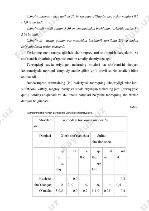 arning tuproq singdirish kompleksi tarkibida oz miqdorda natriy bo’ladi. sho’rxok va sho’rxoksimon tuproqlar asosan, qulay suv-fizik xossalariga ega, suv o’tkazuvchanligi yaxshi bo’lib, tuzlardan osonroq yuviladi va mexanik ishlov berishga moyil bo’ladi. shu bilan birga ularning kapillyarlik xossasi yaxshi, shu tufayli sizot suvlaridan tuzlar kapillyar naychalar bo’ylab tuproqning ustki qatlamlariga tez harakat qiladi. sho’rtob va sho’rtobli tuproqlar deb, singdiruvchi kompleksida juda ko’p miqdorda natriy bo’lgan tuproqlarga aytiladi. tuproqdagi singigan barcha kationlar yig’indisi (ca, mg, na, k, h2, nh4 ) singish sig’imi deyiladi va 100 g tuproqdagi milli-ekvavalentlarda ifodalanadi). sho’rtob va sho’rtobli tuproqlar asosan yer yuzining namgarchilik yetarli miqdorda bo’ladigan, ya’ni kashtan, qo’ngir, o’rmon-cho’l va qora tuproqli mintaqalarda keng tarqalgan. o’zbekiston sharoitida sho’rtob va sho’rtobli tuproqlar juda kam uchraydi. lekin ular kuchli minerallashgan sizot suvlari yaqin yerlarda uchrab turadi. i.p.antipov - karatayevning klassifikatsiyasi bo’yicha sho’rtob va sho’rtobli tuproqlar quyidagi guruhlarga bo’linadi: sho’rtobsiz - 5% dan kam (tuproqdagi singigan natriyning singigan kationlar milligram …