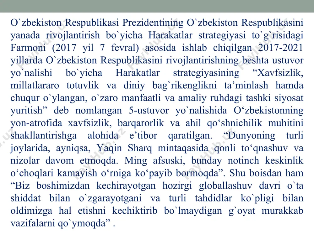 azo). terrorizmning zamonaviy ko’rinishlari: xalqaro terrorizm. mintaqaviy terrorizm. milliy terrorizm. siyosiy terrorizm. diniy ekstremizm va fundamentalizm. neofashizm (yangi fashizm). narkoterrorizm. bioterrorizm. ijtimoiy terrorizm. kiberterrorizm (kiber-urush) – kompyuter tizimlariga hujum. xalqaro terrorizm. biron-bir davlatdagi terrorchilarning o’z harakatlarini yoki bu davlat hududidan tashqari chiqib, davom ettirishdir. xalqaro terrorizmning o’ziga xos xususiyatlari: 1) terrorchilar ham, jinoyat qurbonlari ham bir davlataga mansub yoki bir necha davlatga tegishli bo‘lishi mumkin, ammo jinoyat shu davlatdan tashqarida sodir etilgan bo‘ladi. 2) terrorchilik harakati xalqaro himoya ostidagi shaxslarga qaratilgan bo‘ladi. 3) terrorchilik harakatlariga tayyorgarlik bir davlatda amalga oshirilib, jinoyatning o‘zi esa ikkinchi davlat hududida sodir etiladi. 4) terrorchilar bir davlat hududida terrorchilik harakatini sodir etib, ikkinchi davlat hududiga o‘tib yashirinishi mumkin (masalan, 2001 yil 11 sentyabrda afg‘onistondagi usoma bin lodin, umarshayx kabi terroristlar keyinchalik pokistonda yashirinishdi va 2010 yil aqshning raketa hujumidan halok bo‘ldi). diniy ekstremizmni keltirib chiqaradigan ijtimoiy-siyosiy omillar islom ekstremizmining ajralib turadigan ikki xususiyati go‘yoki barcha …