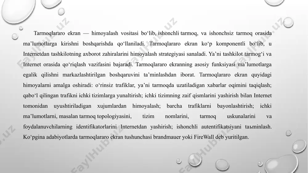 idagilar kiradi: himoyalangan tizimlar xavfsizligi bilan bog‘liq holatlarni yig‘ib tahlillovchi sensor qism tizimi; sensorlar ma’lumotlariga ko‘ra shubhali harakatlar va hujumlarni aniqlashga mo‘ljallangan tahlillovchi qism tizimi; tahlil natijalari va dastlabki holatlar haqidagi ma’lumotlarni yig‘ishni ta’minlaydigan omborxona; ids tizimini konfiguratsiyalashga imkon beruvchi, ids va himoyalangan tizim holatini kuzatuvchi, tahlil qism tizimlari aniqlagan mojarolarni kuzatuvchi boshqaruv konsoli. bu tizim ikkita asosiy sinfga ajratiladi. tarmoqqa ruxsatsiz kirishni aniqlash tizimi (network intrusion detection system) va kompyuterga ruxsatsiz kirishni aniqlash tizimiga (host intrusion detection system) bo‘linadi. tarmoqqa ruxsatsiz kirishni aniqlash tizimi (nids) ishlash tamoyili quyidagicha: xizmat qilishdan voz kechish hujumidan himoyalanishning eng samarali yo‘llari quyidagilar: tarmoqlararo ekranlar texnologiyasi (firewall); ipsec protokoli. tarmoqlararo ekran ichki va tashqi perimetrlarning birinchi himoya qurilmasi hisoblanadi. tarmoqlararo ekran axborotkommunikatsiya texnologiya (akt)larida kiruvchi va chiquvchi ma’lumotlarni boshqaradi va ma’lumotlarni filtrlash orqali akt himoyasini ta’minlaydi, belgilangan mezonlar asosida axborot tekshiruvini amalga oshirib, paketlarning tizimga kirishiga qaror qabul qiladi. fizik interfeys, paket qayerdan keladi; …