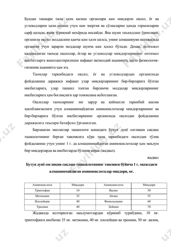 тилган нисбатларда бўлган оқсилга идеал, яъни 100 % организм томонидан фойдаланиладиган оқсил дейилади. лекин дунёда идеал оқсилли биронта ҳам маҳсулот йўқ. унга фақат она сути мисол бўлаолади. алмашинмайдиган аминокислоталар ўртасида юқоридаги жадвалда келтирилган меъёрларга нисбатан миқдори бўйича энг кичик фоизли аминокислота лимитловчи аминокислота дейилади. таом таркибидаги оқсилдан фойдаланиш даражаси лимитловчи аминокислотанинг фоизига боғлиқ бўлади, чунки бошқа аминокислоталар ҳам организмда оқсилни синтез қилишда лимитловчи аминокислотанинг фоизига нисбатан қатнашади. лимитловчи аминокислота фоизидан ортиқ бошқа алмашинмайдиган аминокислоталарнинг миқдорлари оқсил ҳосил қилишда иштироқ этмайди ва ёққа айлантирилади, яъни мақсадсиз беҳуда кетади. буни қуйидаги мисолда исботлашга ҳаракат қиламиз. фараз қилайлик, иккита станокни тузиш учун деталлар қуйидаги миқдорларда керак: а-12, в-8, г-14, д-12, е-8, ж-12, и-2 ва к-8 дона. омборхонада кўрсатилган и-деталидан бошқа деталлар етарли миқдорда, и-детали эса 50 % миқдорда бўлсин. бу мисолда лимитловчи детал и - детали ҳисобланади. шу сабабли бошқа деталлар ҳам улар сонининг етарли бўлишига қарамасдан, фақат 50 % дан фойдаланилади. қолганлар …