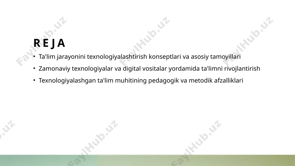 a'lim sifatini oshirish, individual yondashuvni rivojlantirish va o‘quv jarayonini interaktiv qilish mumkin. 3 kreativlik va mustaqillik innovatsion pedagogik tamoyillar o‘quvchilarda kreativlik, mustaqil fikrlash va muammolarni hal qilish qobiliyatlarini rivojlantirishga yordam beradi. 4 o‘qituvchilarning roli yangi pedagogik tamoyillar va texnologiyalar bilan ishlashda o‘qituvchilar professional kompetensiyalarini oshirish, ularning innovatsion yondashuvlarga tayyorligini ta'minlaydi. ta'limni texnologik rivojlantirish uchun strategik yondashuvlar 1 innovatsion yondashuvlar - ta'limni texnologik rivojlantirish uchun innovatsion va ilg'or pedagogik yondashuvlarni joriy etish muhim. bu, shuningdek, yangi texnologiyalarni qo‘llashda kadrlar malakasini oshirishni talab qiladi. 2 strategik rejalashtirish - yaxshi ishlab chiqilgan strategik reja ta'lim tizimining texnologik rivojlanishini boshqaradi. bu, resurslarni samarali taqsimlash va uzoq muddatli maqsadlarni belgilashda yordam beradi. 3 hamkorlik va innovatsiya - o'qituvchilar, talabalar va texnologik kompaniyalar o'rtasida hamkorlikni rivojlantirish muhim. bu, yangi texnologiyalarni tez va samarali joriy qilish imkonini oshiradi. ta'limda texnologik integratsiya: asosiy tamoyillar va metodlar 01 integratsiya prinsiplari ta'limda texnologik integratsiya uchun asosiy tamoyillar sifatida pedagogik maqsadlar …