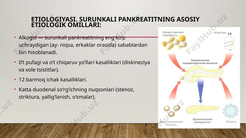 ni me’da osti bezining boshchasida joylashgan bo‘lib, uning katta- lashishi natijasida umumiy o‘t yo‘lining bosilishiga sabab bo'ladi. uning klinik belgilari quyidagicha: sariqlik; teri qichishi; epigastral sohada, ko'proq o‘ng tomonda og'riq; dispeptik buzilishlar; siydik rangining to‘q bo'lishi; najasning rangsizlanishi; tana vaznining kamayishi; me’da osti bezi boshchasining kattalashishi (uttda). doimiy og‘riqli sindrom bilan kechuvchi surunkali pankrcatit — qorinning yuqori qismidagi doimiy og‘riqlar belga uzatilishi, ishtaha pasayishi, ozish, ich ketishi, meteorizm va me’da osti bezining katta­lashishi, qattiqlashishi bilan kechadi. surunkali pankreatitning sklerozlovchi shakli — ovqat qabul qil- gandan so‘ng kuchayuvchi qorinning yuqori qismidagi og'riqlar, ish­taha yomonlashuvi, ich ketishi, ozib ketish va me’da osti bezining inkretor va ekskretor faoliyatining buzilishi bilan kechadi. uttda me'da osti be­zining zichlashishi va o‘lchamlarining kichiklashishi kuzatiladi. surunkali pankreatitning og‘irlik darajalari: yengil kechishi: kasallikning avj olishi yiliga 1—2 marta, davomiy emas, tez o‘tib ketadi og‘riq sindromi o‘rtacha rivojlangan remissiya davrida bemoming umumiy ahvoli qoniqarli tana vaznining kamayishi kuzatilmaydi me’da osti …